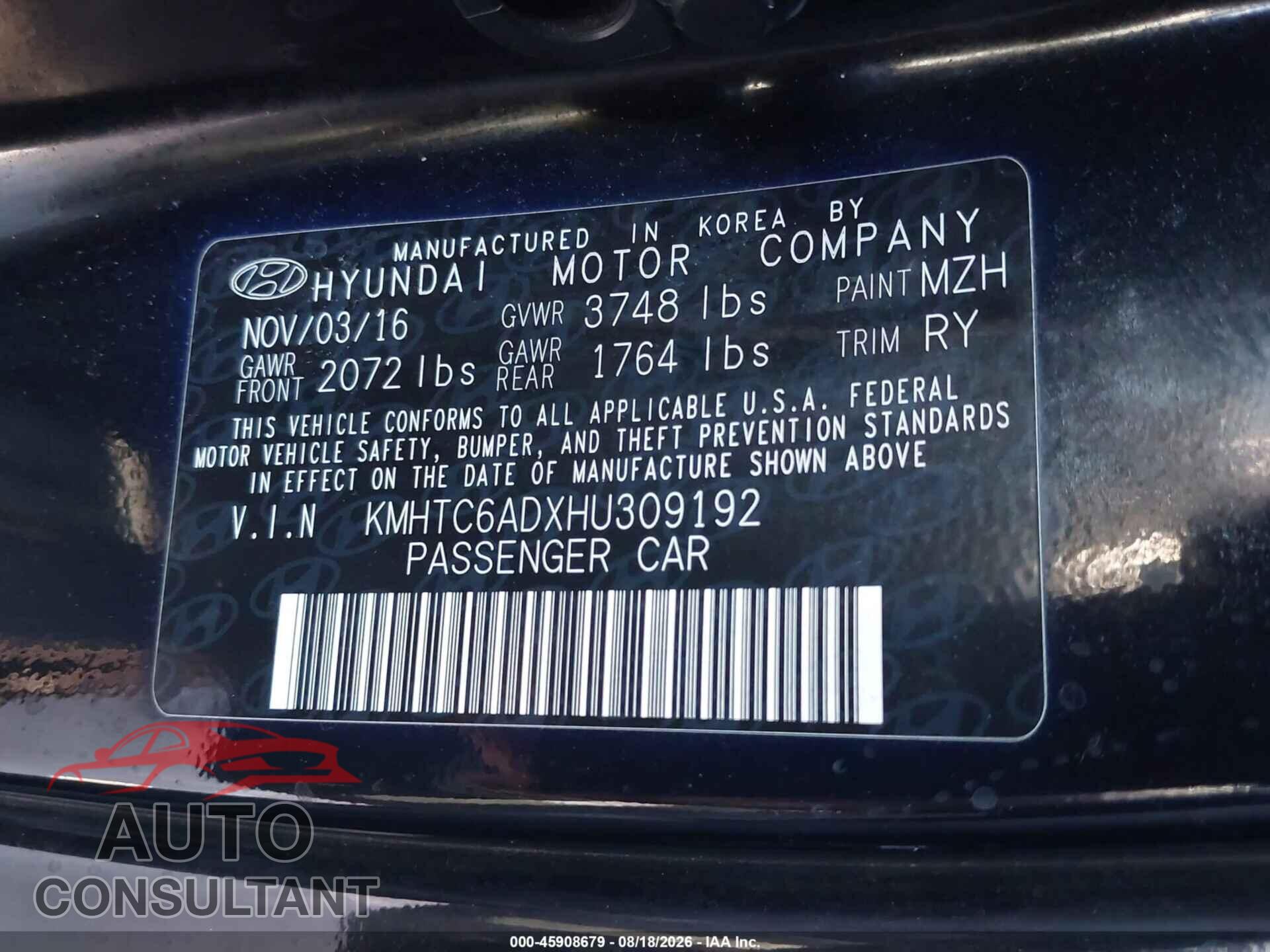 HYUNDAI VELOSTER 2017 - KMHTC6ADXHU309192