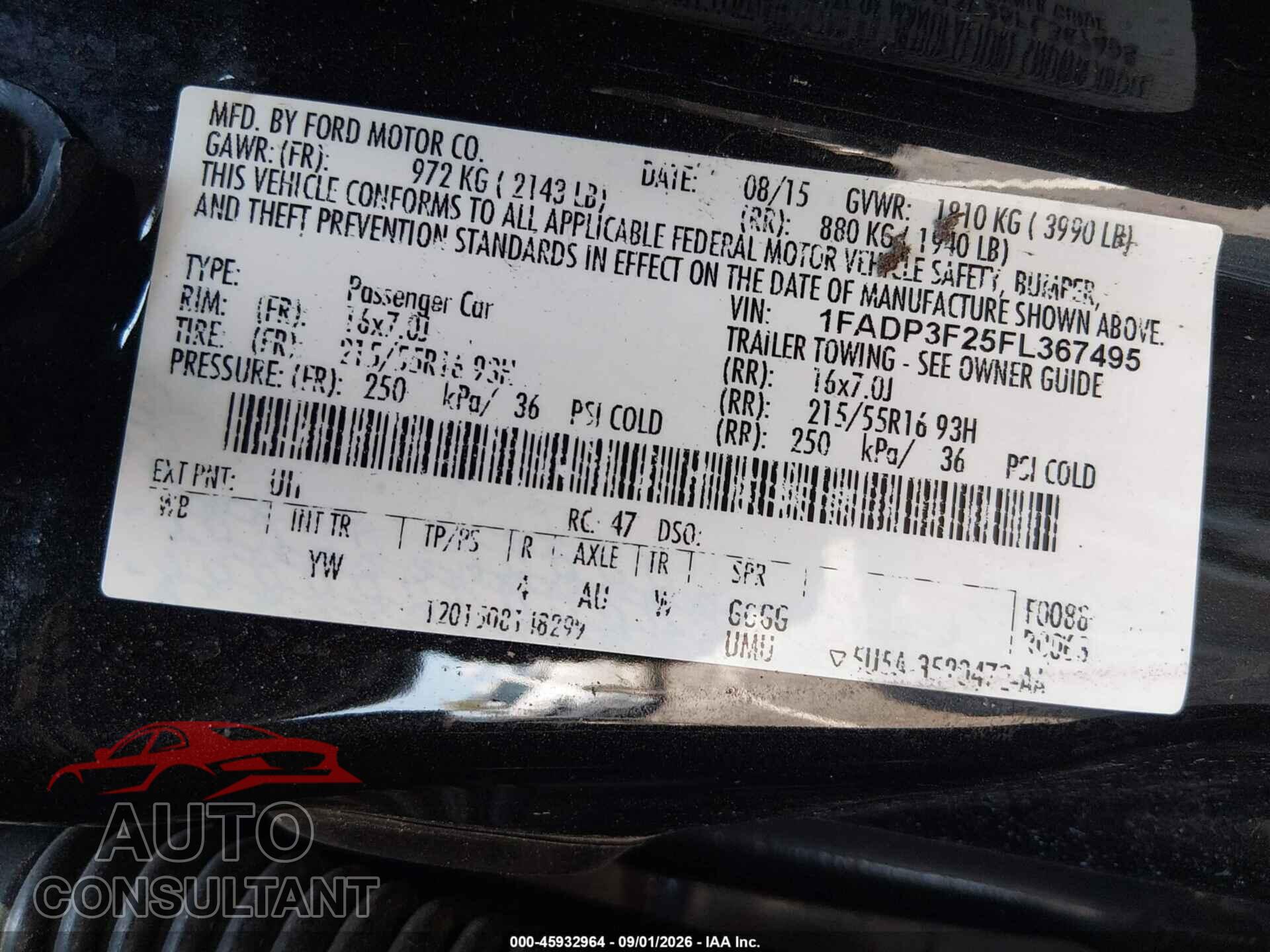 FORD FOCUS 2015 - 1FADP3F25FL367495