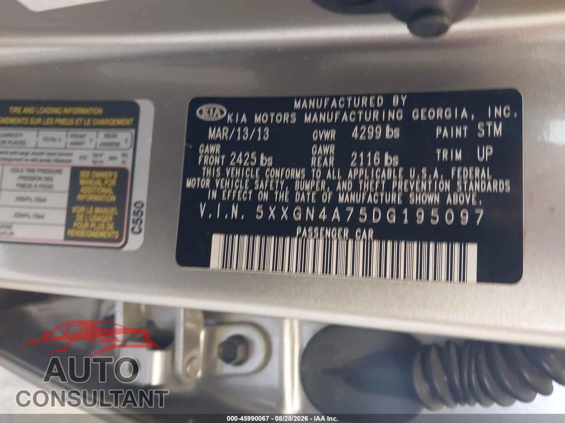 KIA OPTIMA 2013 - 5XXGN4A75DG195097