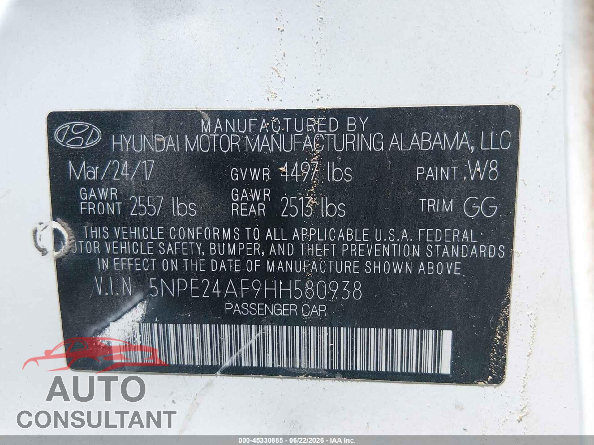 HYUNDAI SONATA 2017 - 5NPE24AF9HH580938