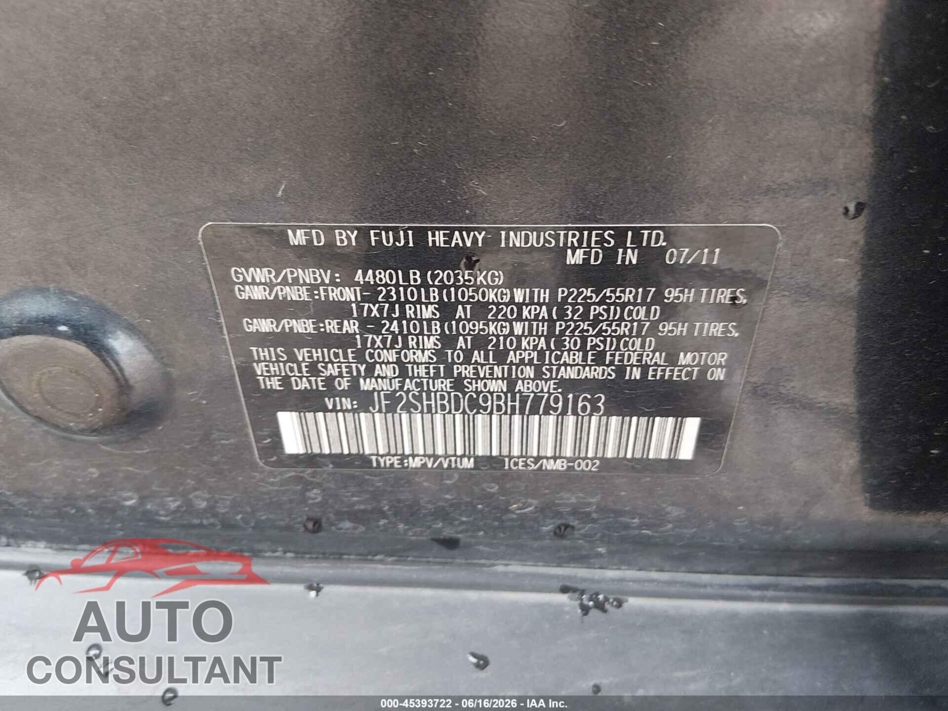 SUBARU FORESTER 2011 - JF2SHBDC9BH779163