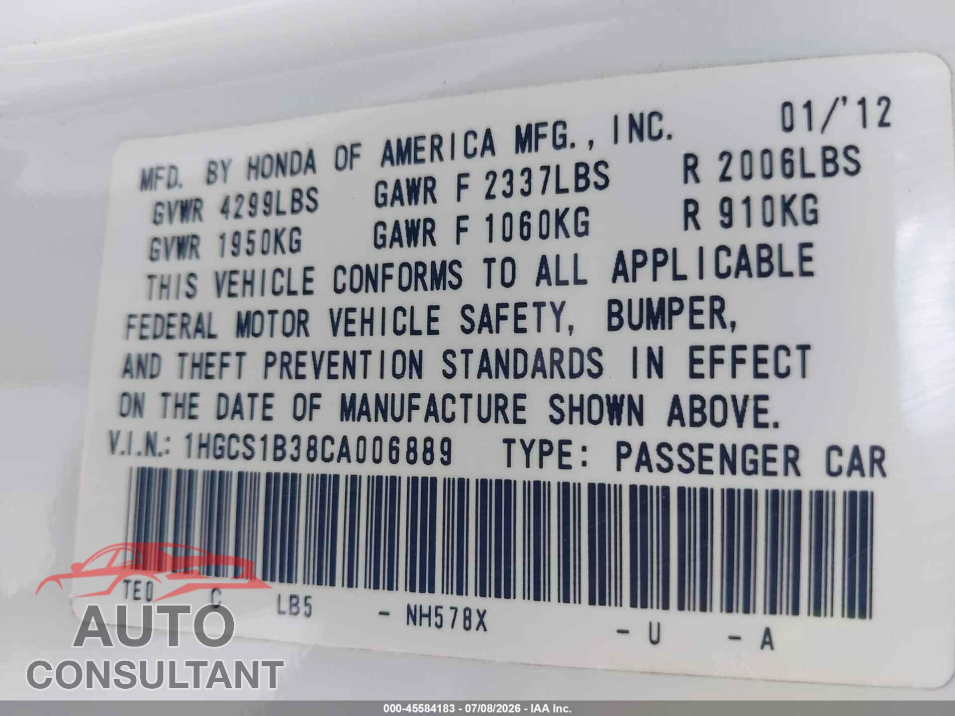 HONDA ACCORD 2012 - 1HGCS1B38CA006889