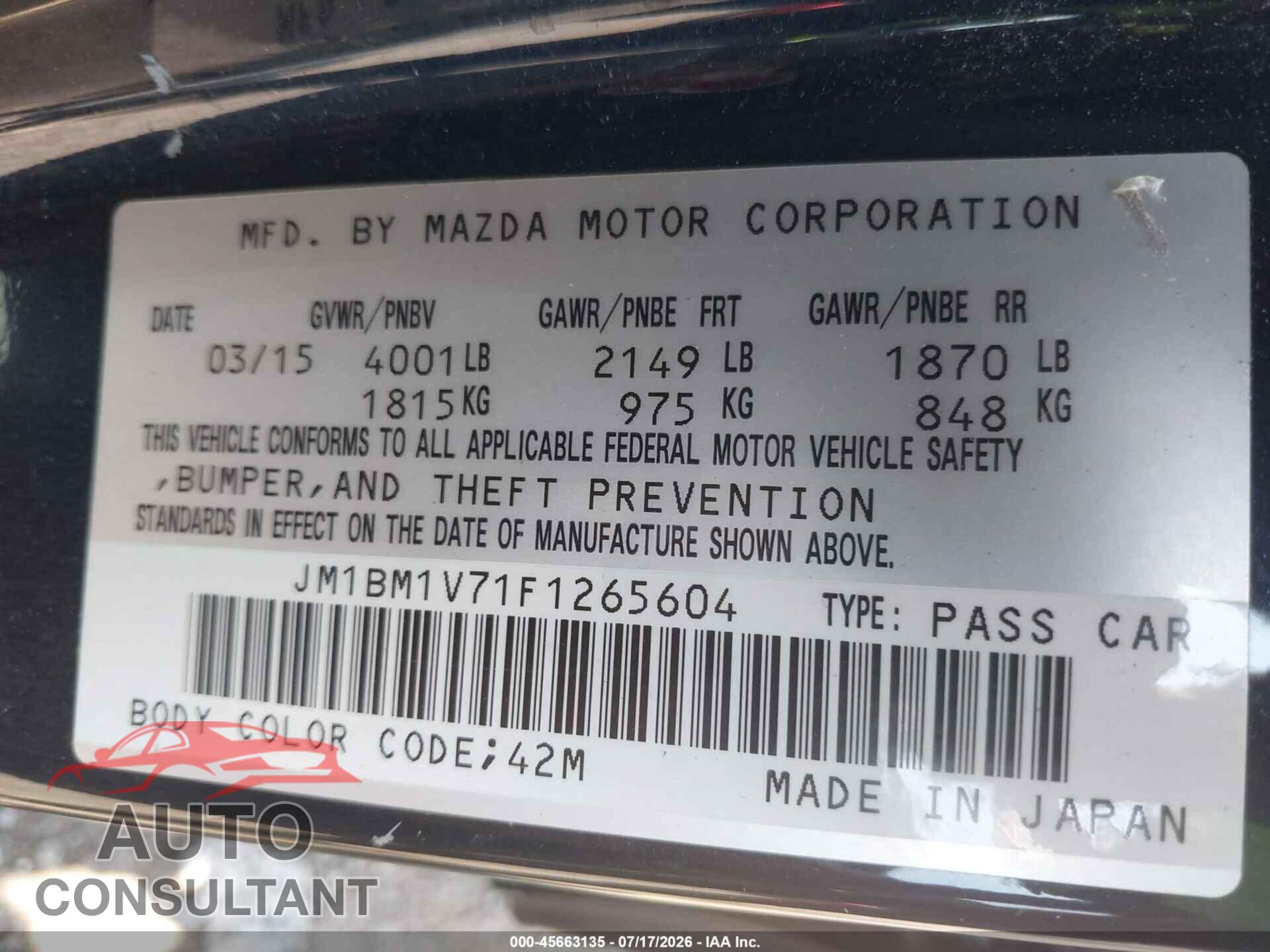 MAZDA MAZDA3 2015 - JM1BM1V71F1265604