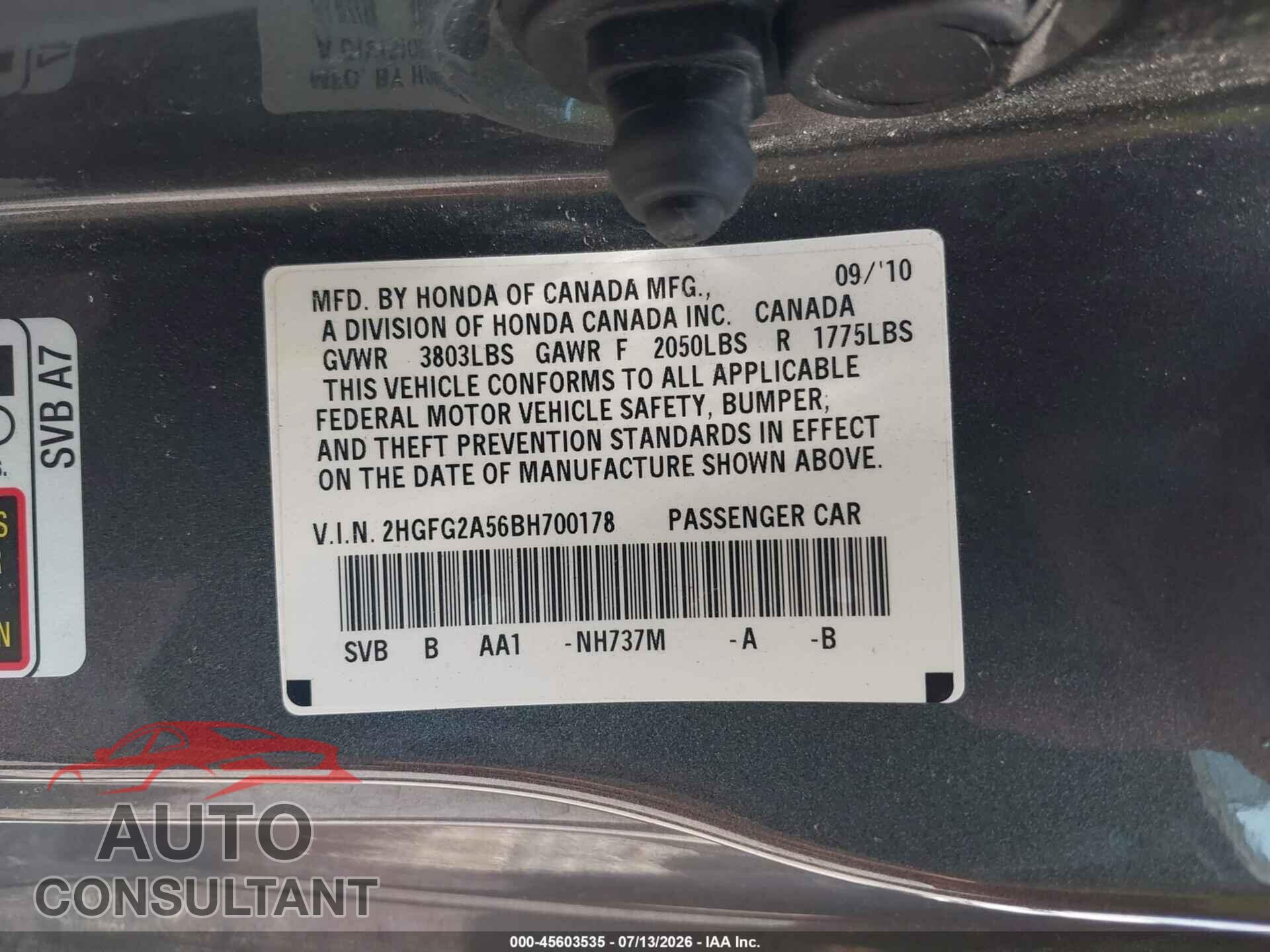 HONDA CIVIC 2011 - 2HGFG2A56BH700178