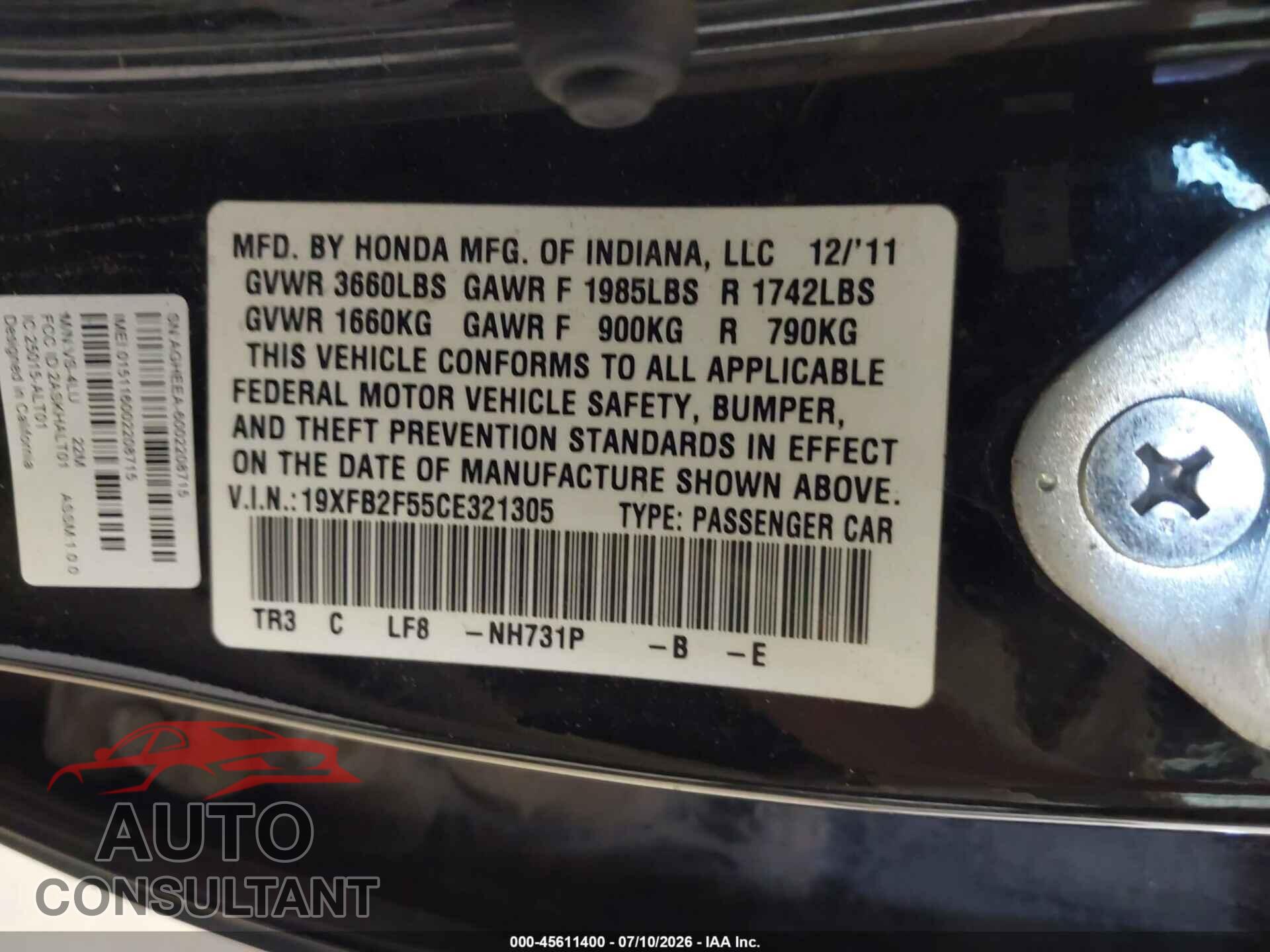 HONDA CIVIC 2012 - 19XFB2F55CE321305