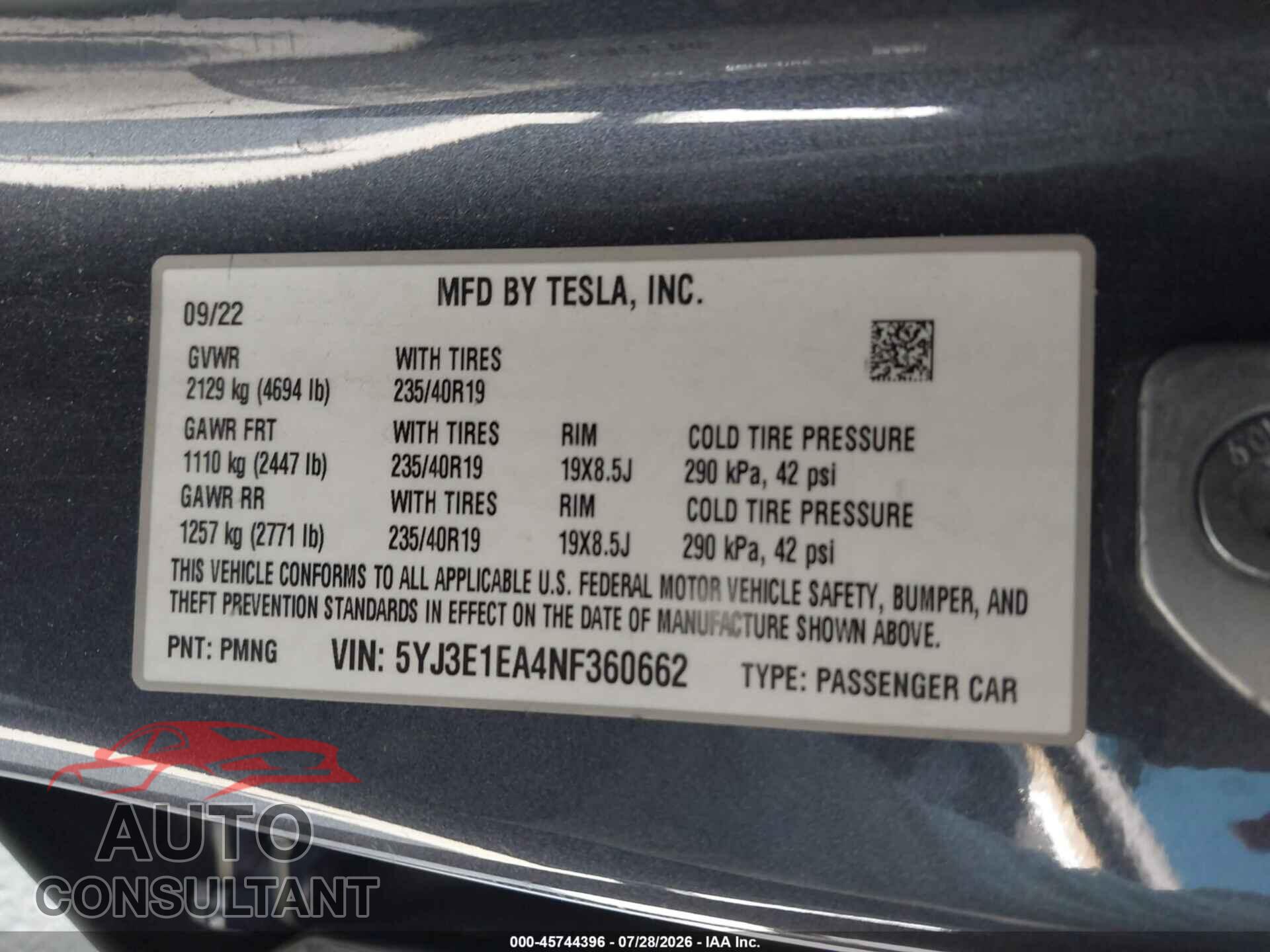 TESLA MODEL 3 2022 - 5YJ3E1EA4NF360662