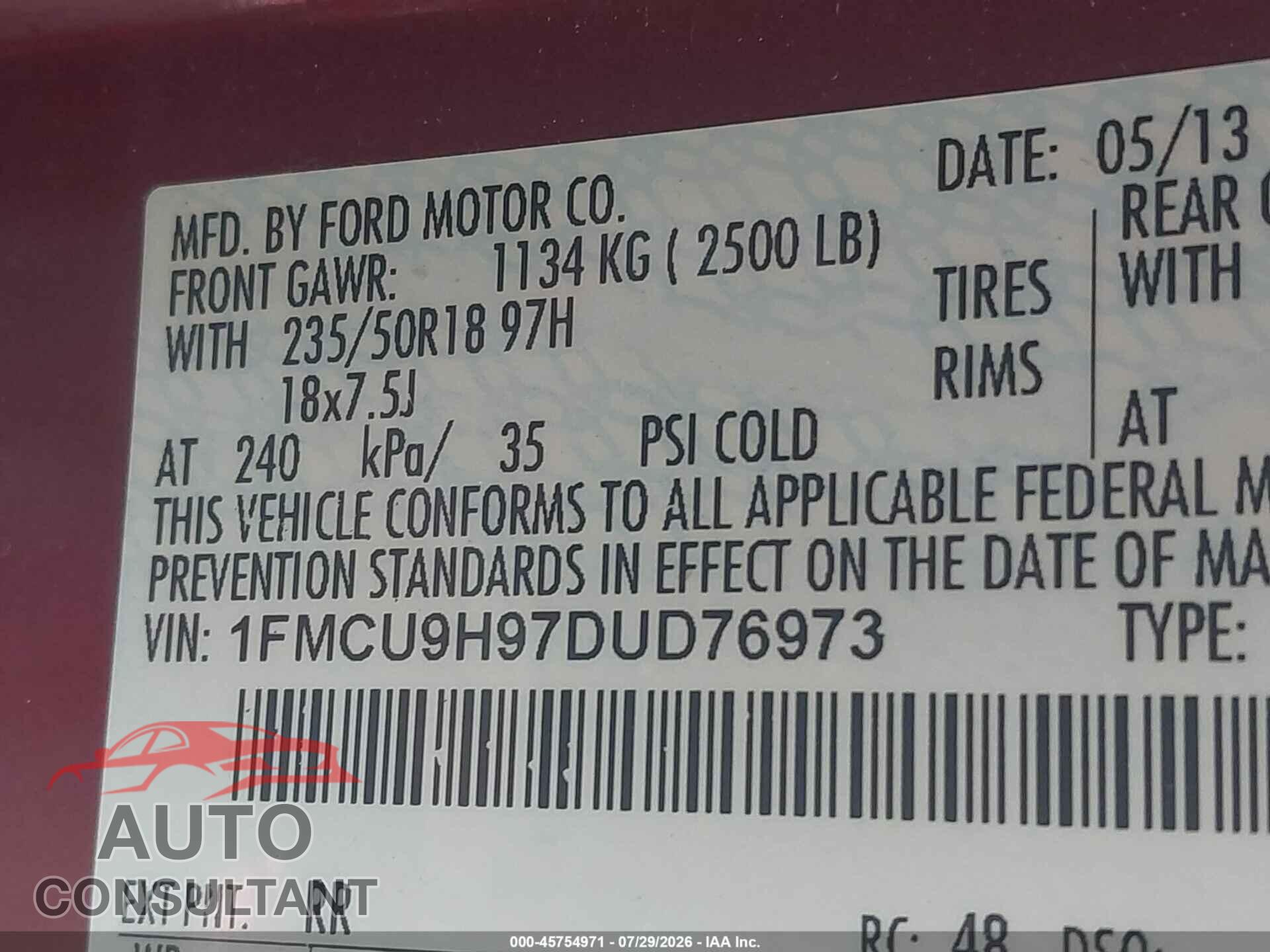 FORD ESCAPE 2013 - 1FMCU9H97DUD76973