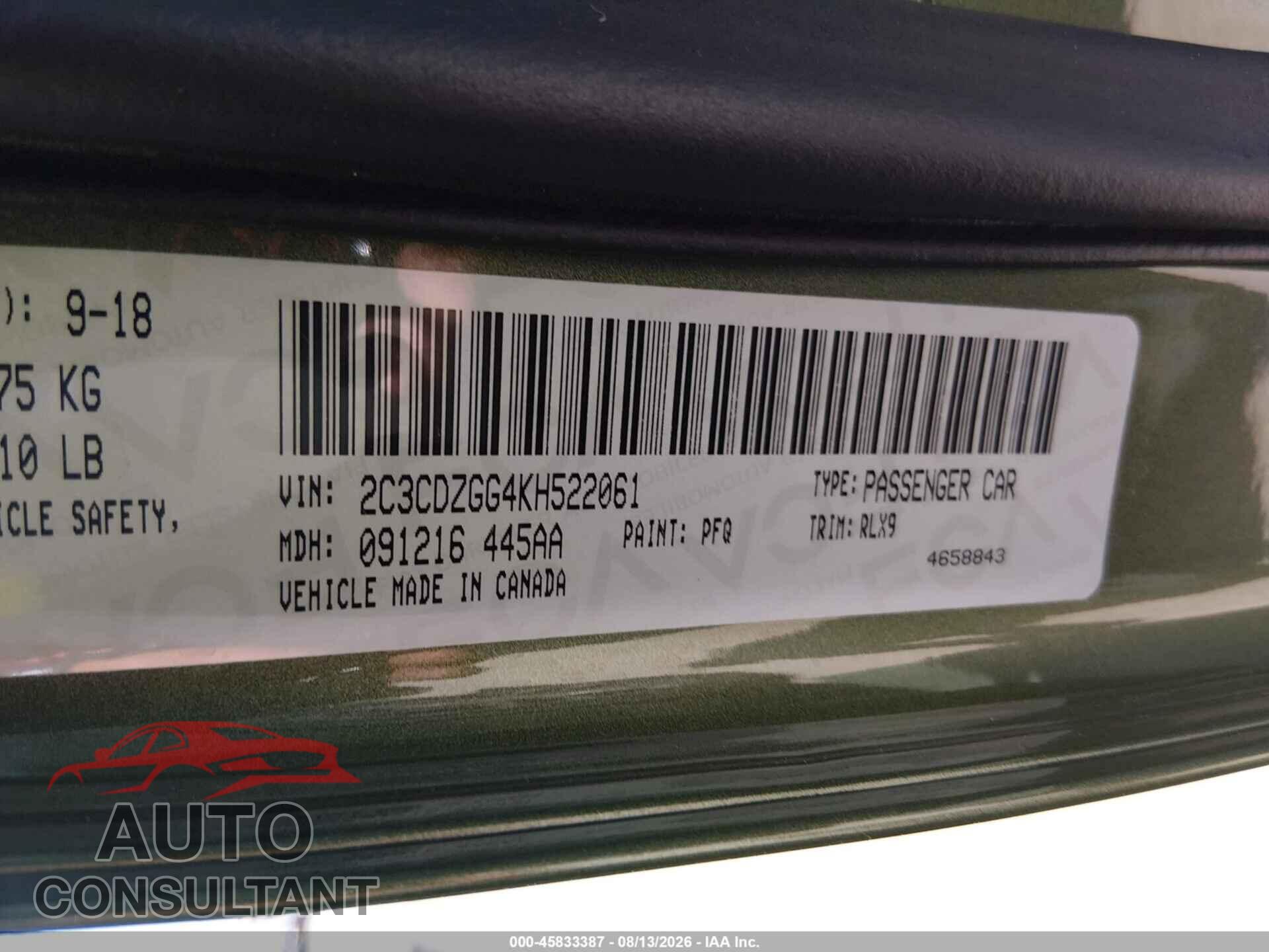 DODGE CHALLENGER 2019 - 2C3CDZGG4KH522061