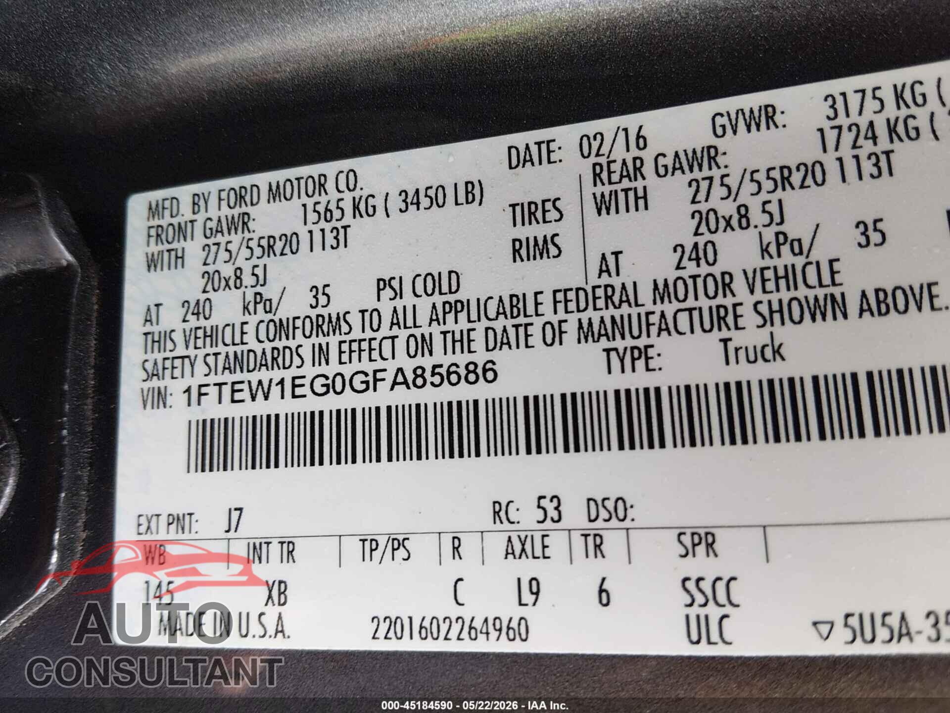 FORD F-150 2016 - 1FTEW1EG0GFA85686