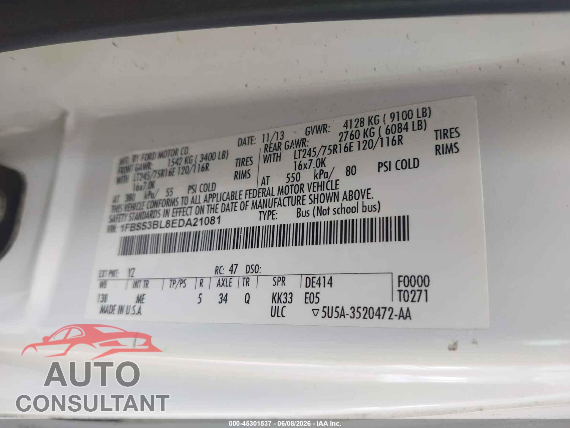 FORD E-350 SUPER DUTY 2014 - 1FBSS3BL8EDA21081