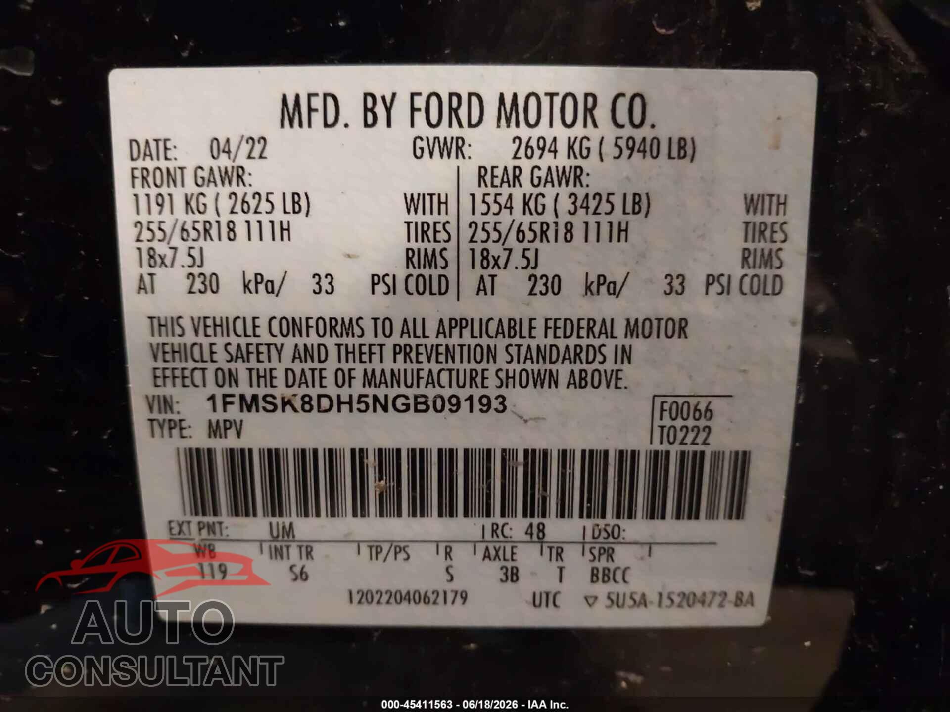 FORD EXPLORER 2022 - 1FMSK8DH5NGB09193