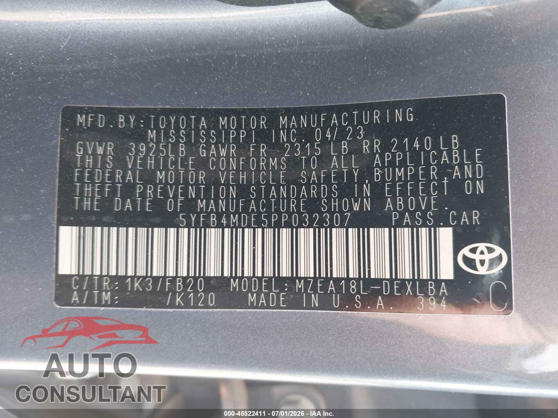 TOYOTA COROLLA 2023 - 5YFB4MDE5PP032307