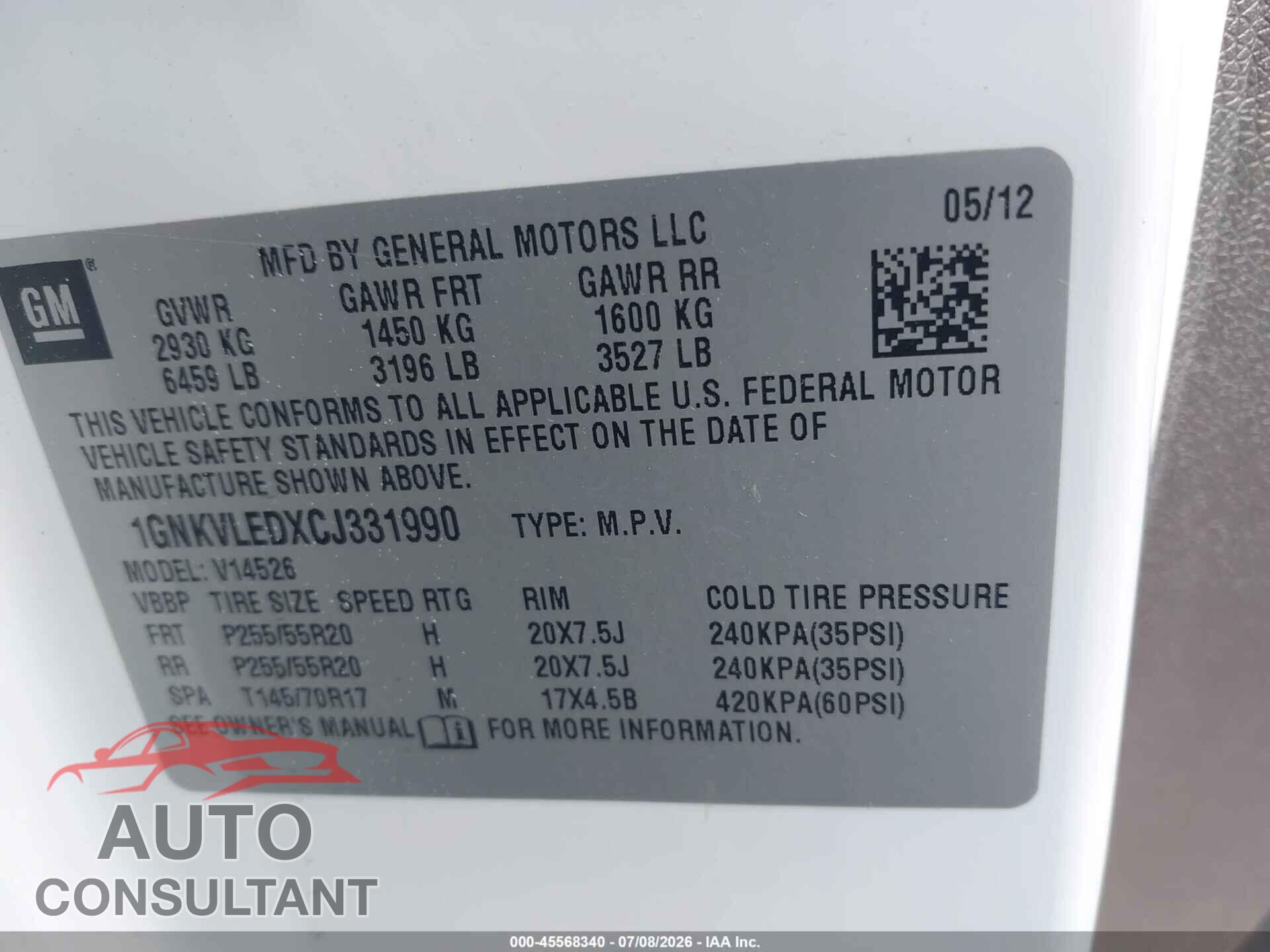 CHEVROLET TRAVERSE 2012 - 1GNKVLEDXCJ331990