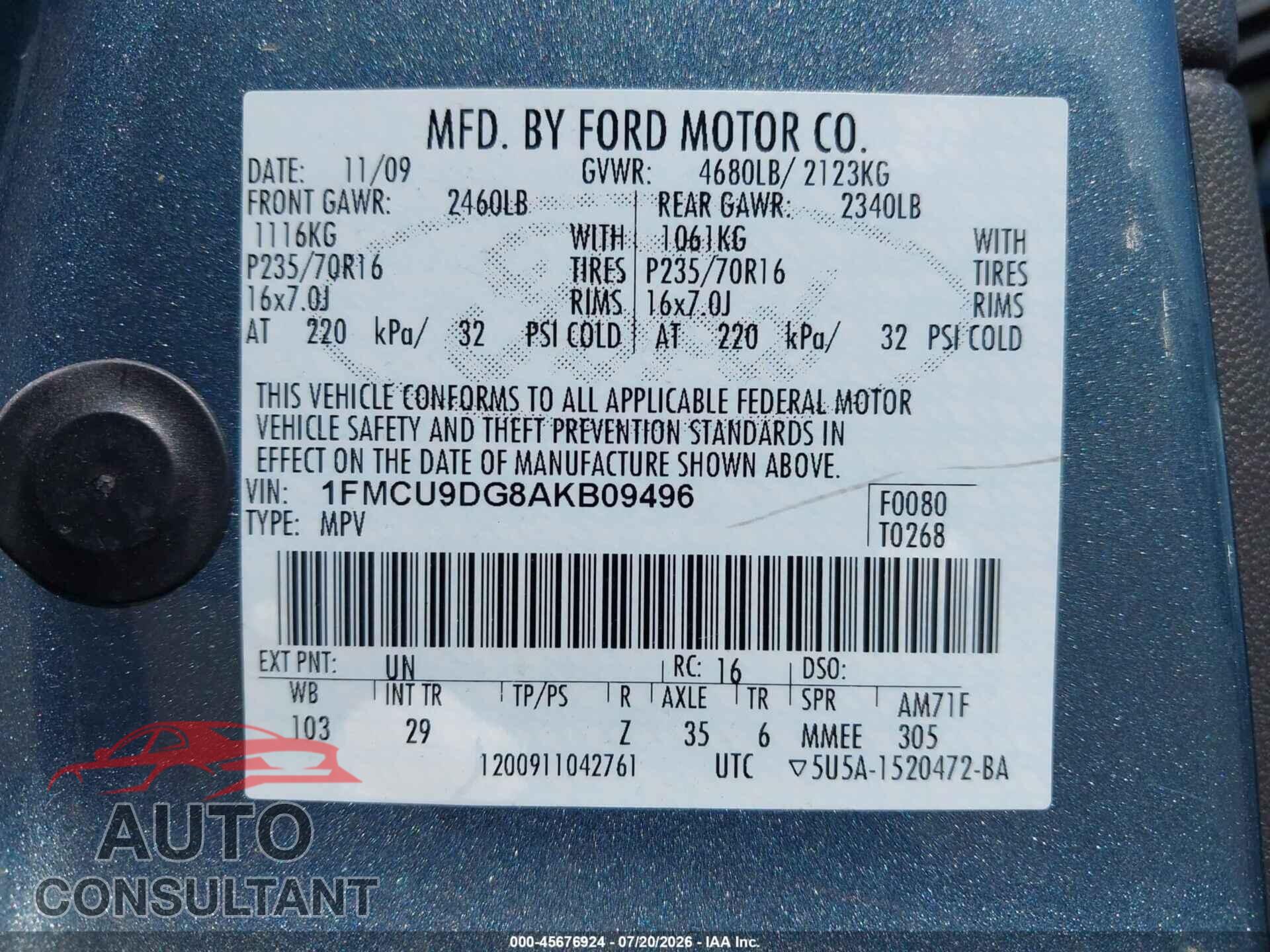 FORD ESCAPE 2010 - 1FMCU9DG8AKB09496