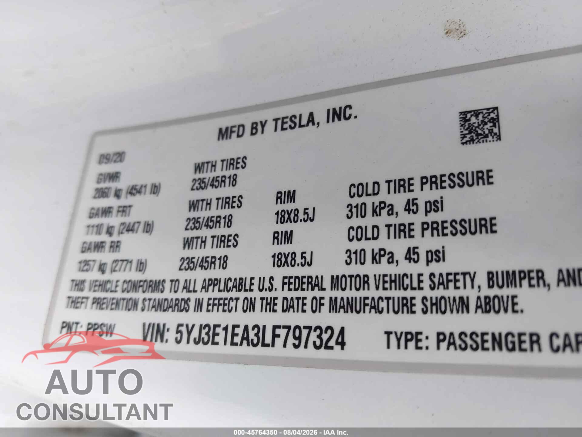 TESLA MODEL 3 2020 - 5YJ3E1EA3LF797324