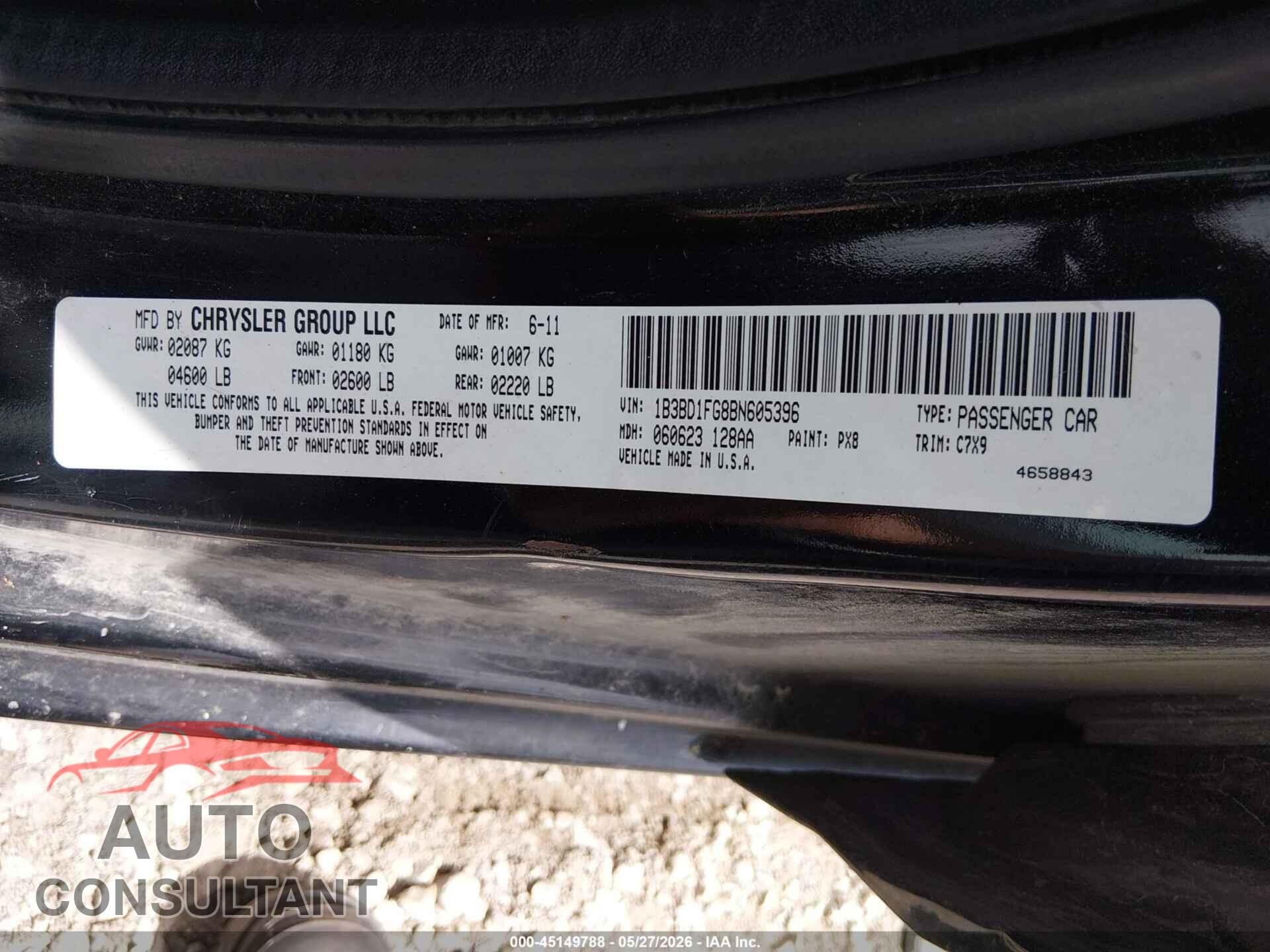 DODGE AVENGER 2011 - 1B3BD1FG8BN605396