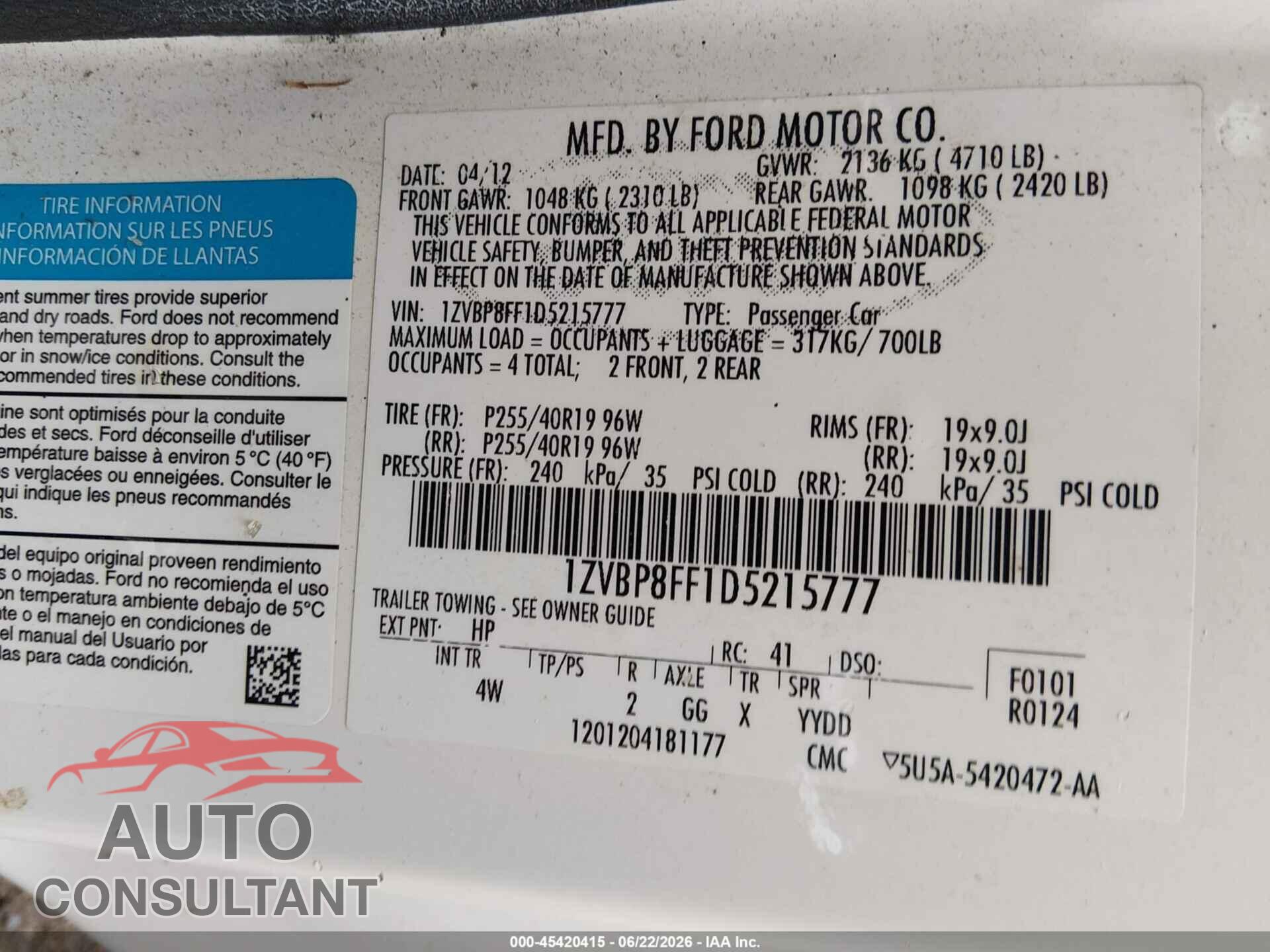 FORD MUSTANG 2013 - 1ZVBP8FF1D5215777