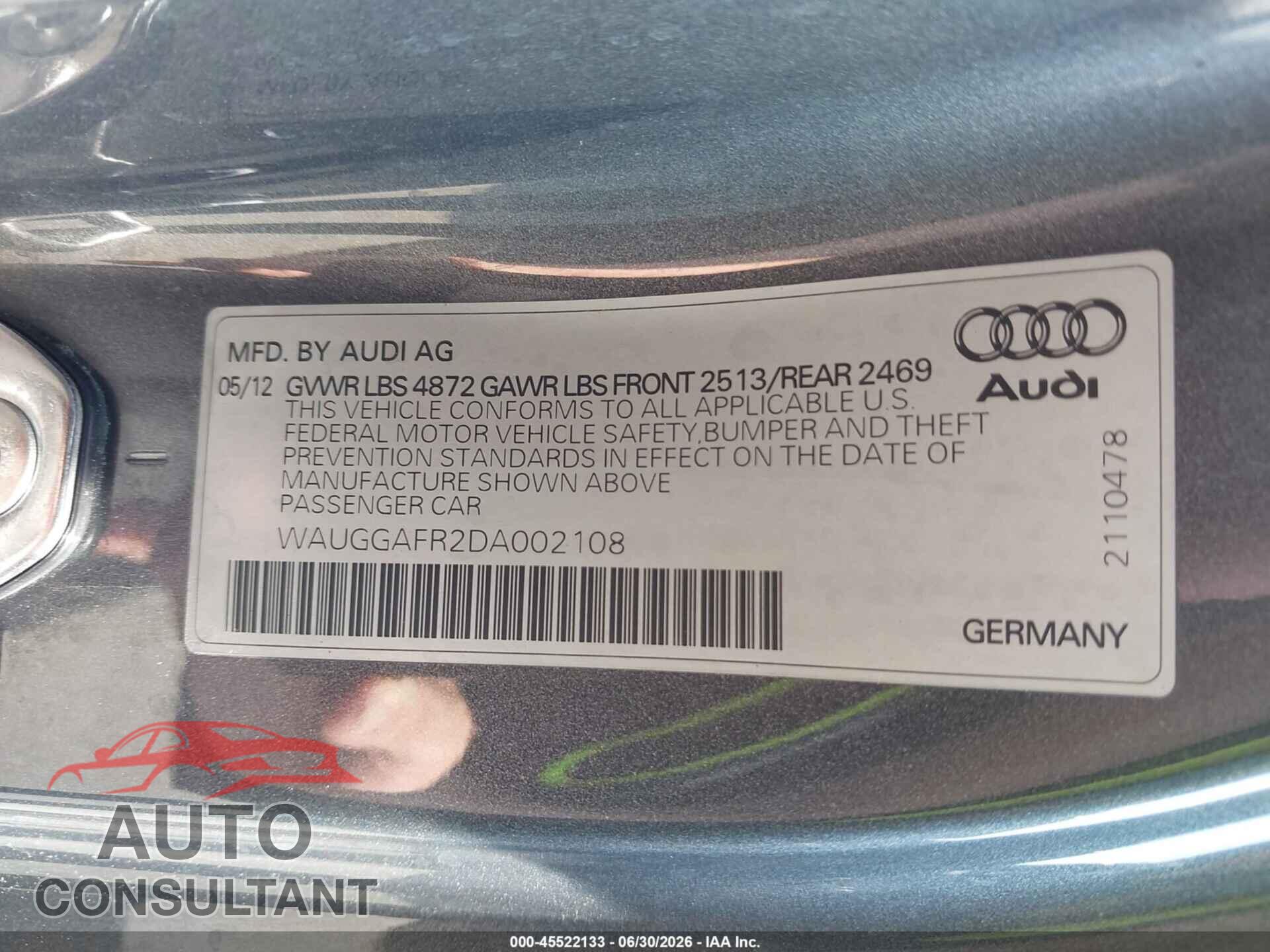 AUDI S5 2013 - WAUGGAFR2DA002108