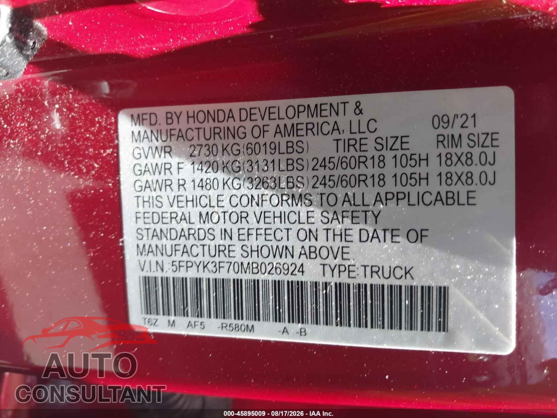 HONDA RIDGELINE 2021 - 5FPYK3F70MB026924