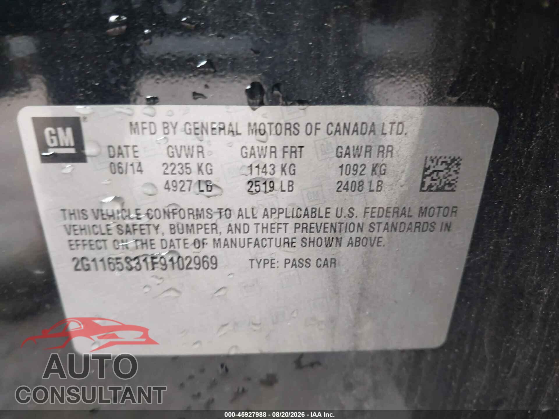 CHEVROLET IMPALA 2015 - 2G1165S31F9102969