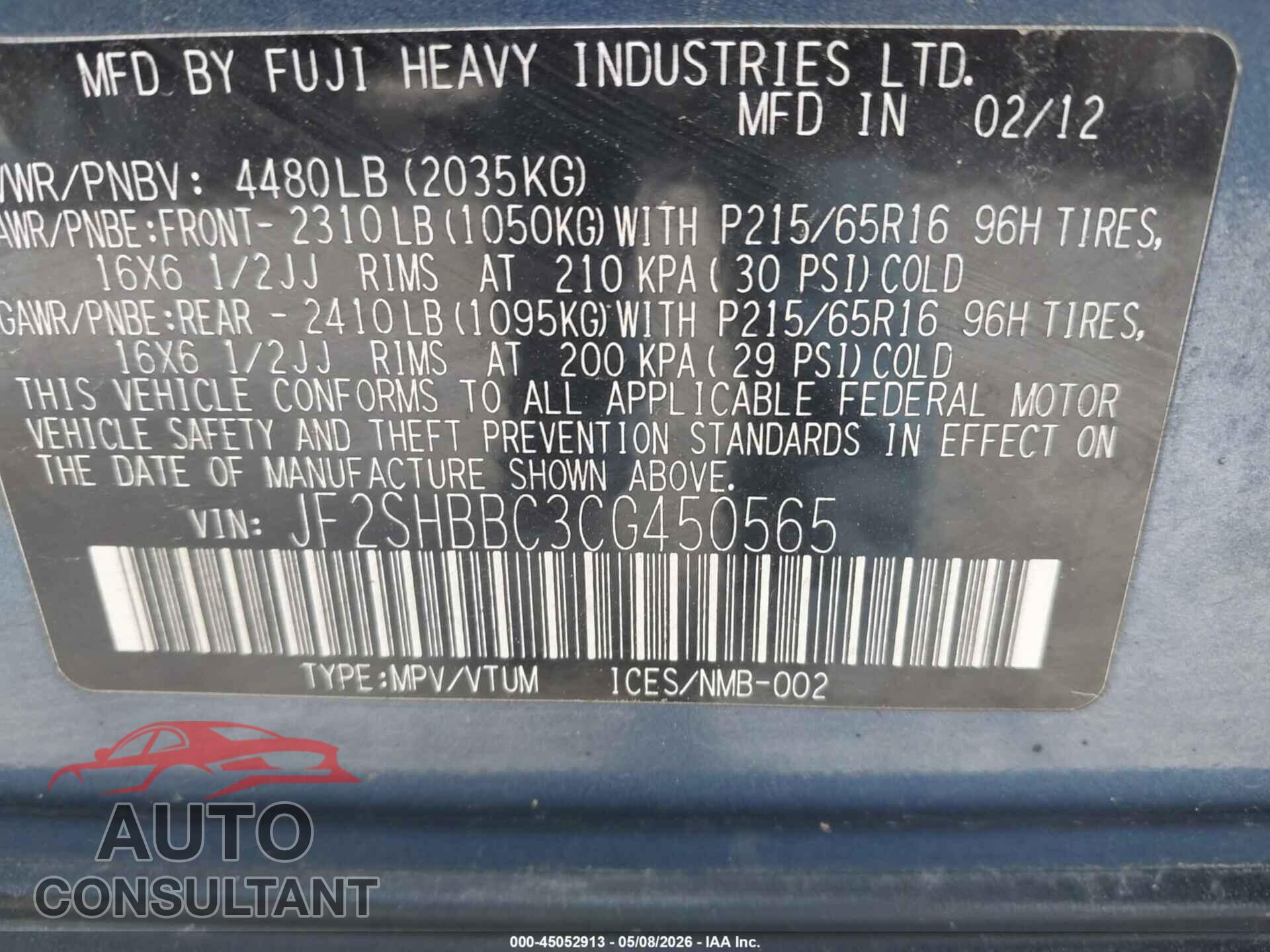 SUBARU FORESTER 2012 - JF2SHBBC3CG450565