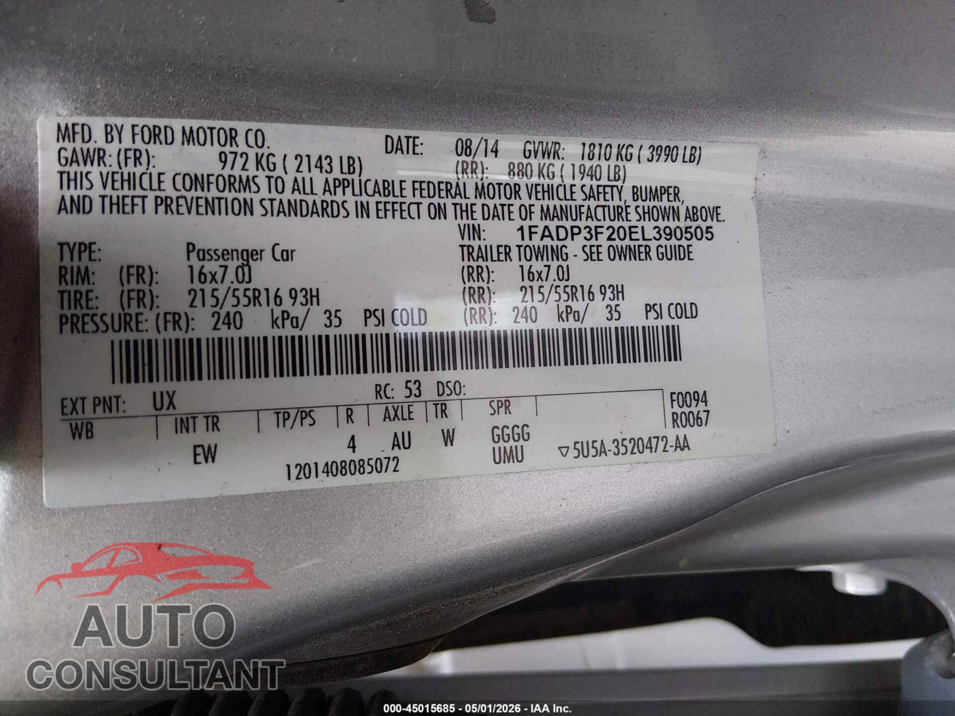 FORD FOCUS 2014 - 1FADP3F20EL390505