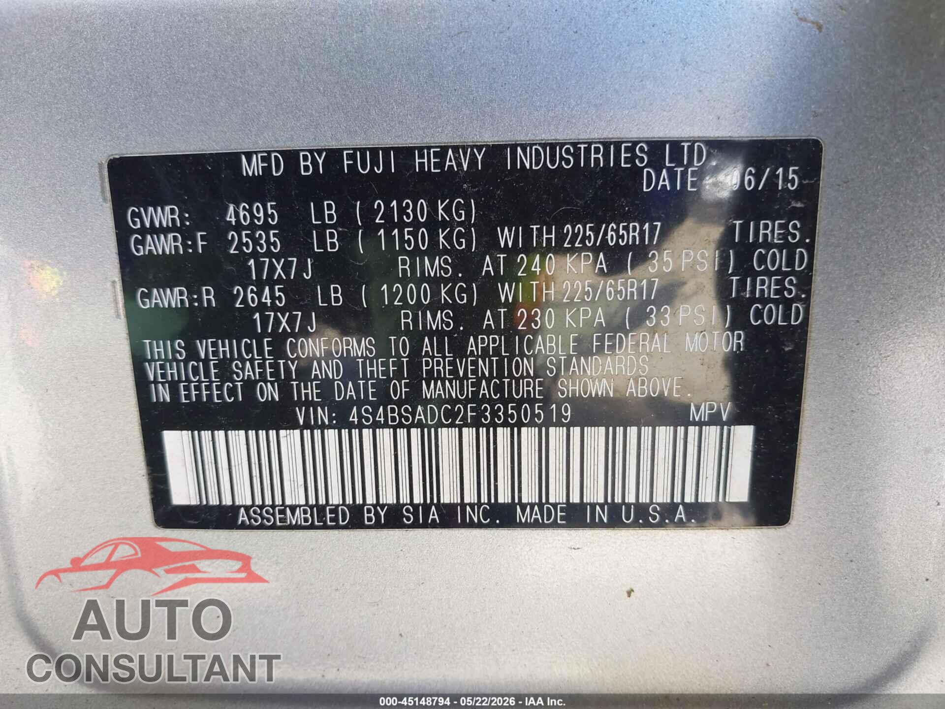 SUBARU OUTBACK 2015 - 4S4BSADC2F3350519