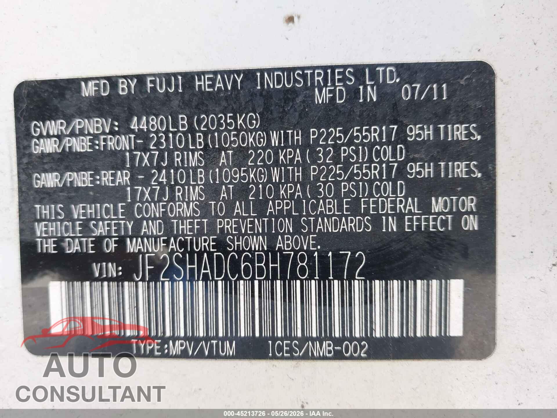 SUBARU FORESTER 2011 - JF2SHADC6BH781172
