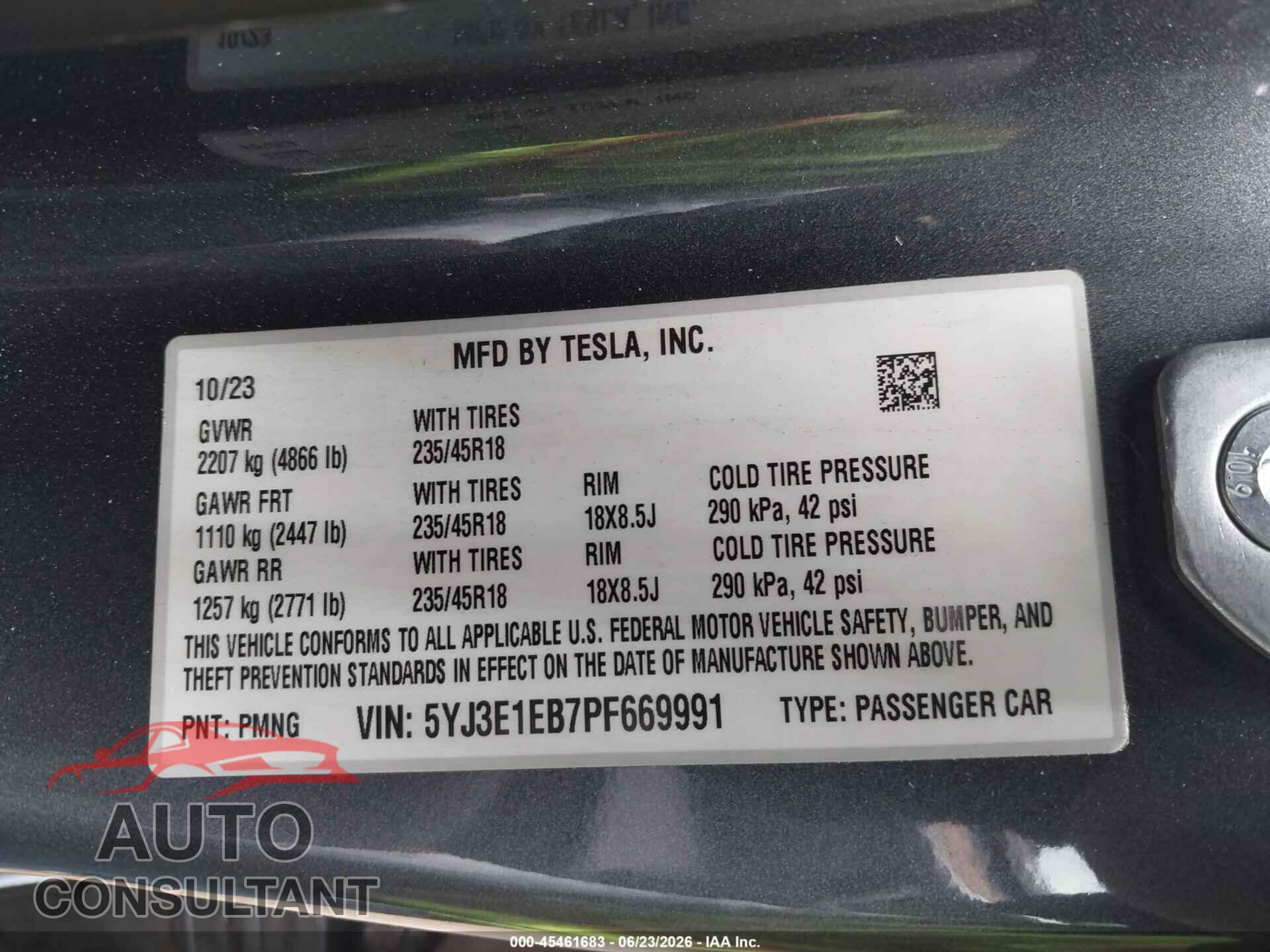 TESLA MODEL 3 2023 - 5YJ3E1EB7PF669991