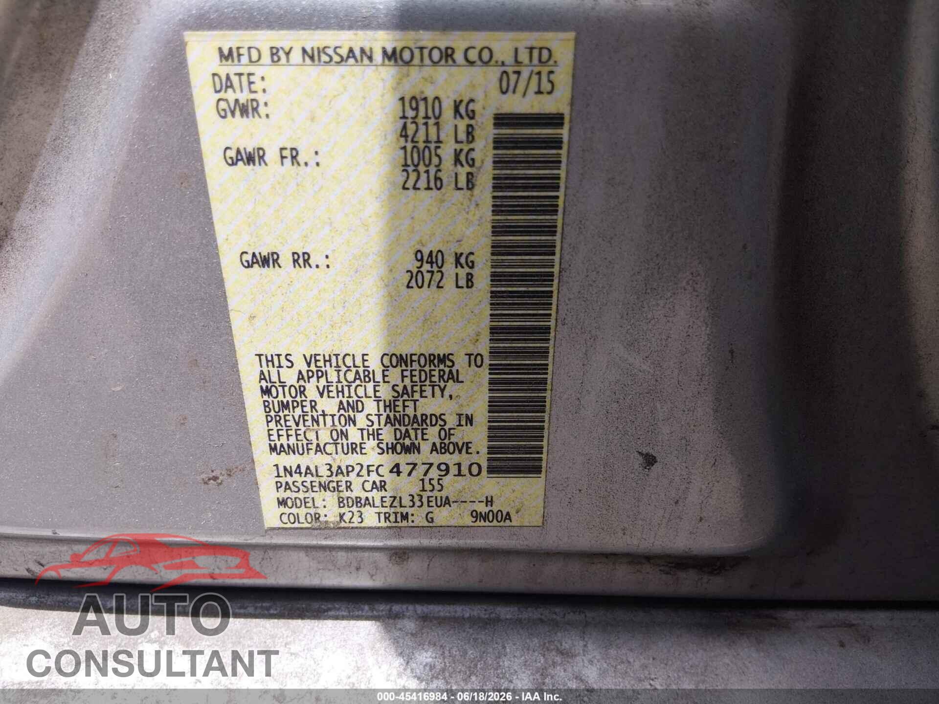 NISSAN ALTIMA 2015 - 1N4AL3AP2FC477910
