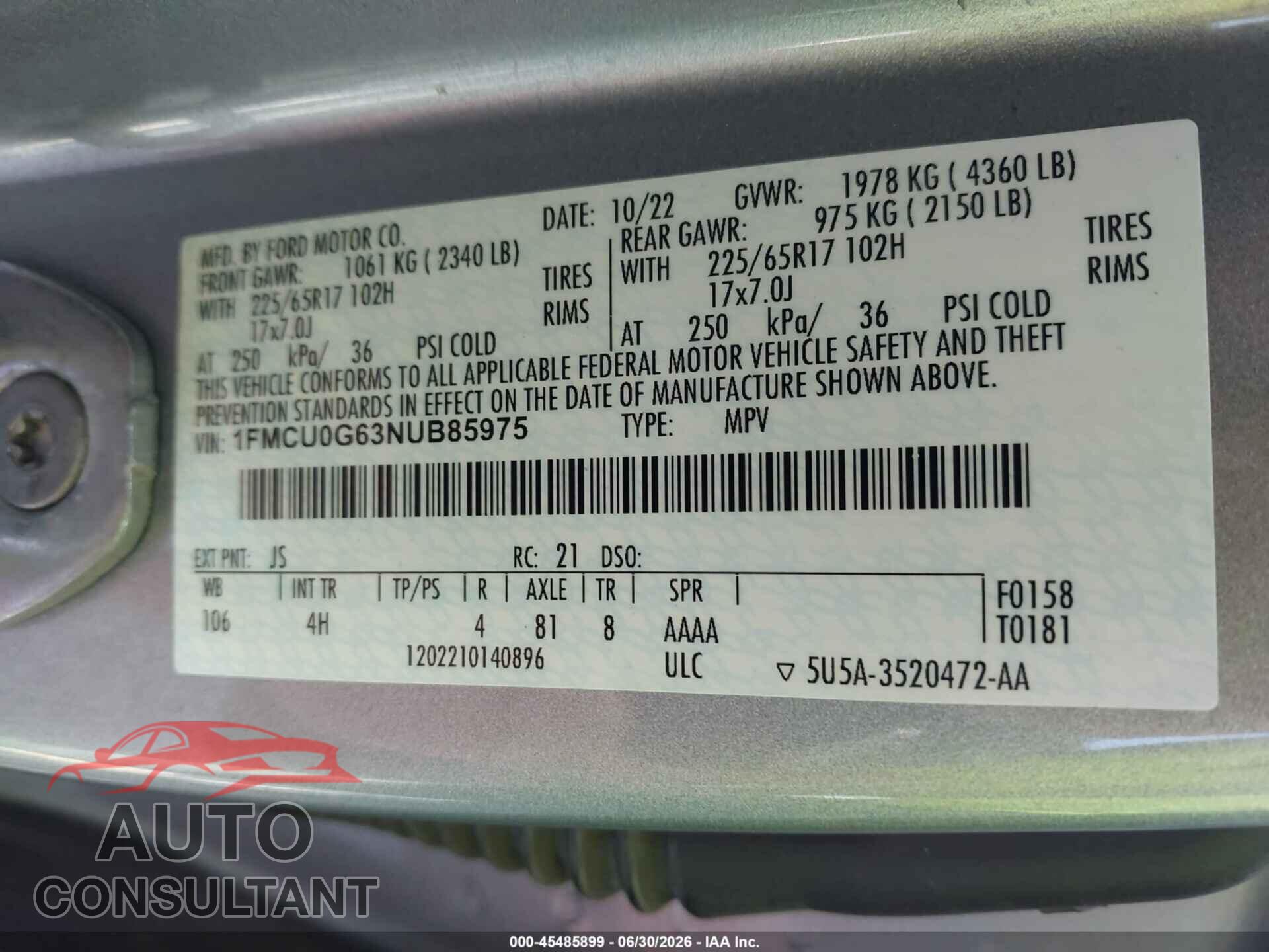 FORD ESCAPE 2022 - 1FMCU0G63NUB85975