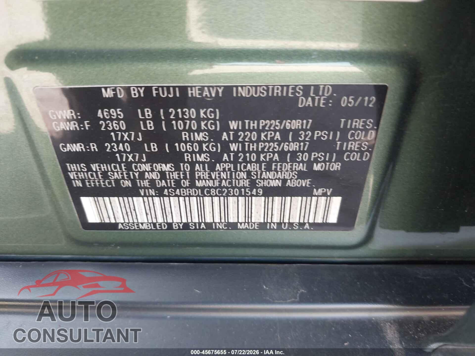 SUBARU OUTBACK 2012 - 4S4BRDLC8C2301549