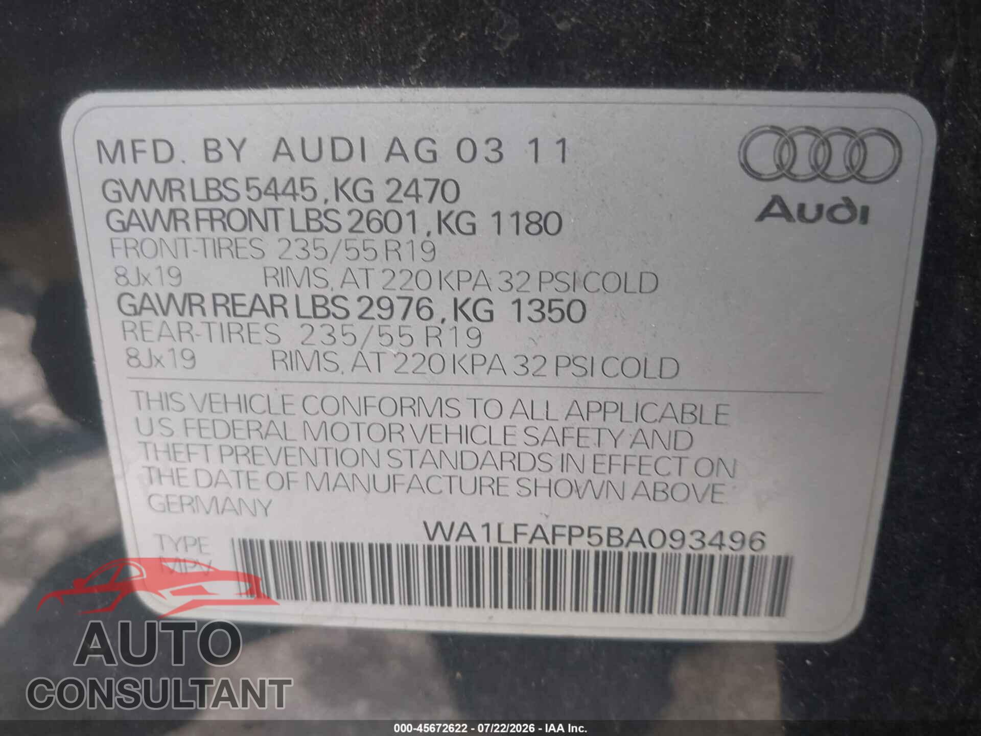 AUDI Q5 2011 - WA1LFAFP5BA093496