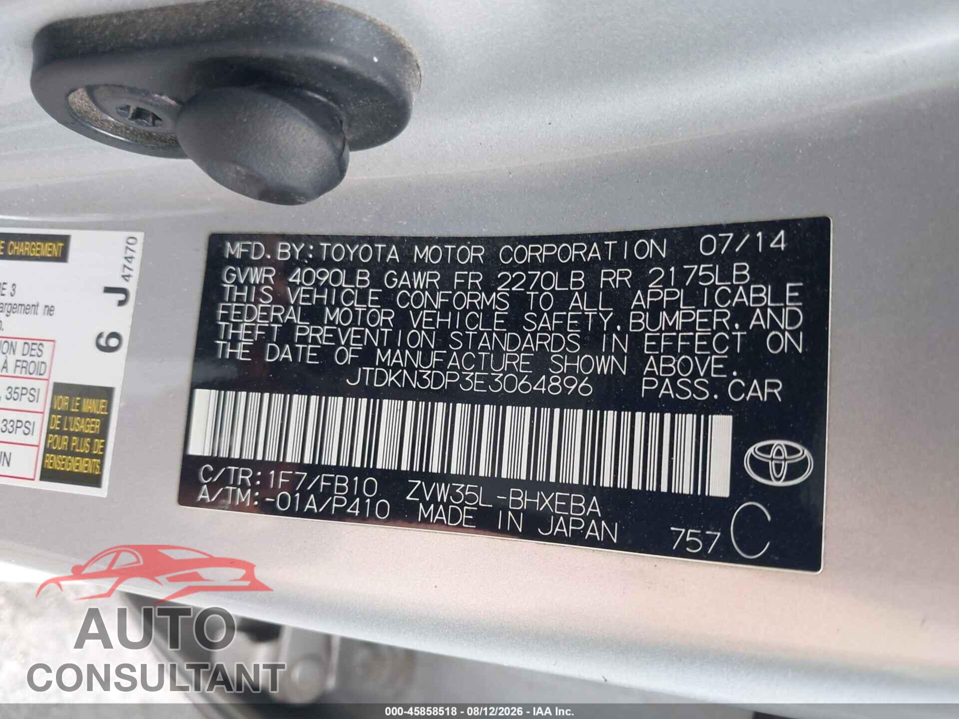 TOYOTA PRIUS PLUG-IN 2014 - JTDKN3DP3E3064896