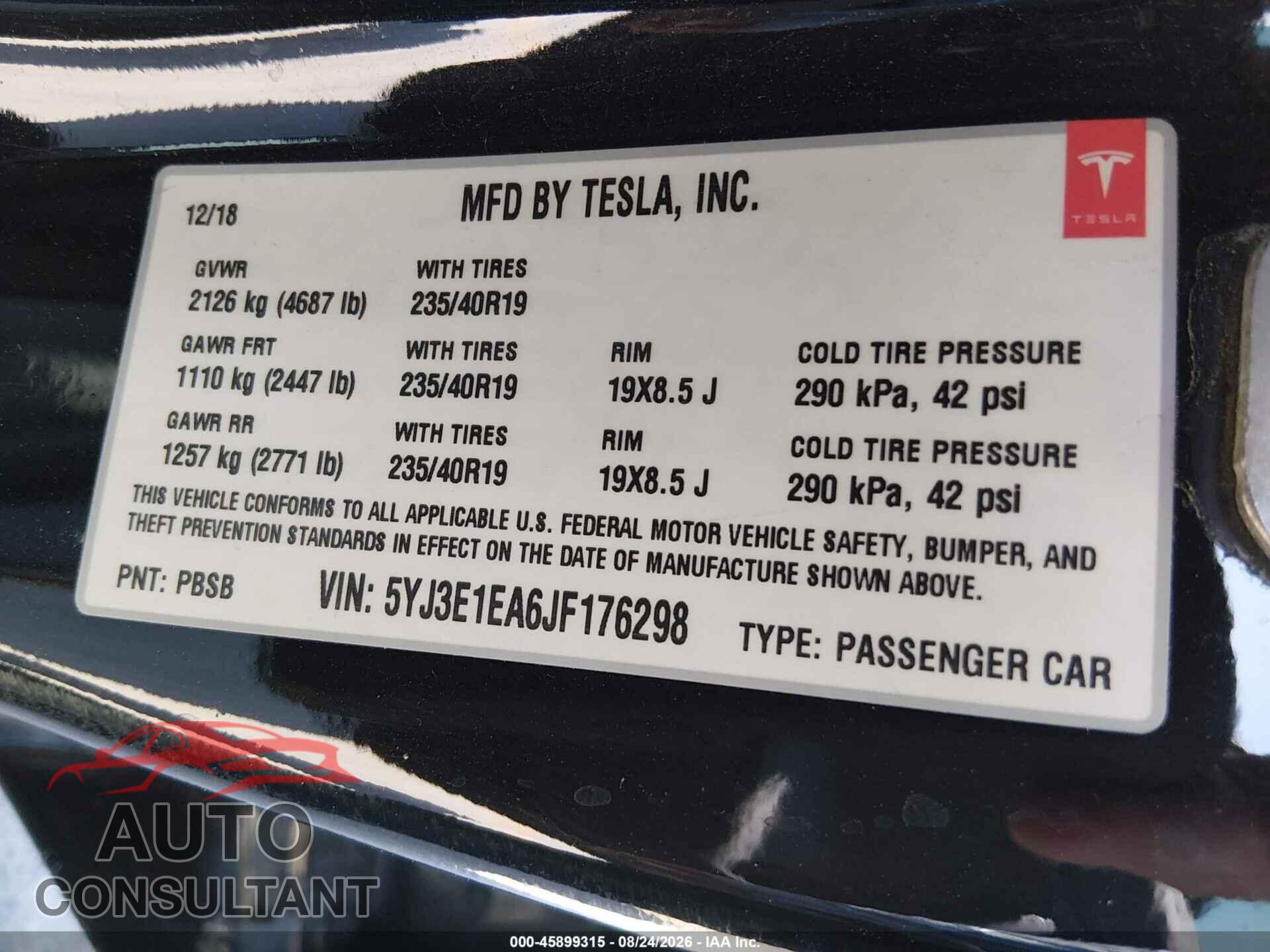 TESLA MODEL 3 2018 - 5YJ3E1EA6JF176298