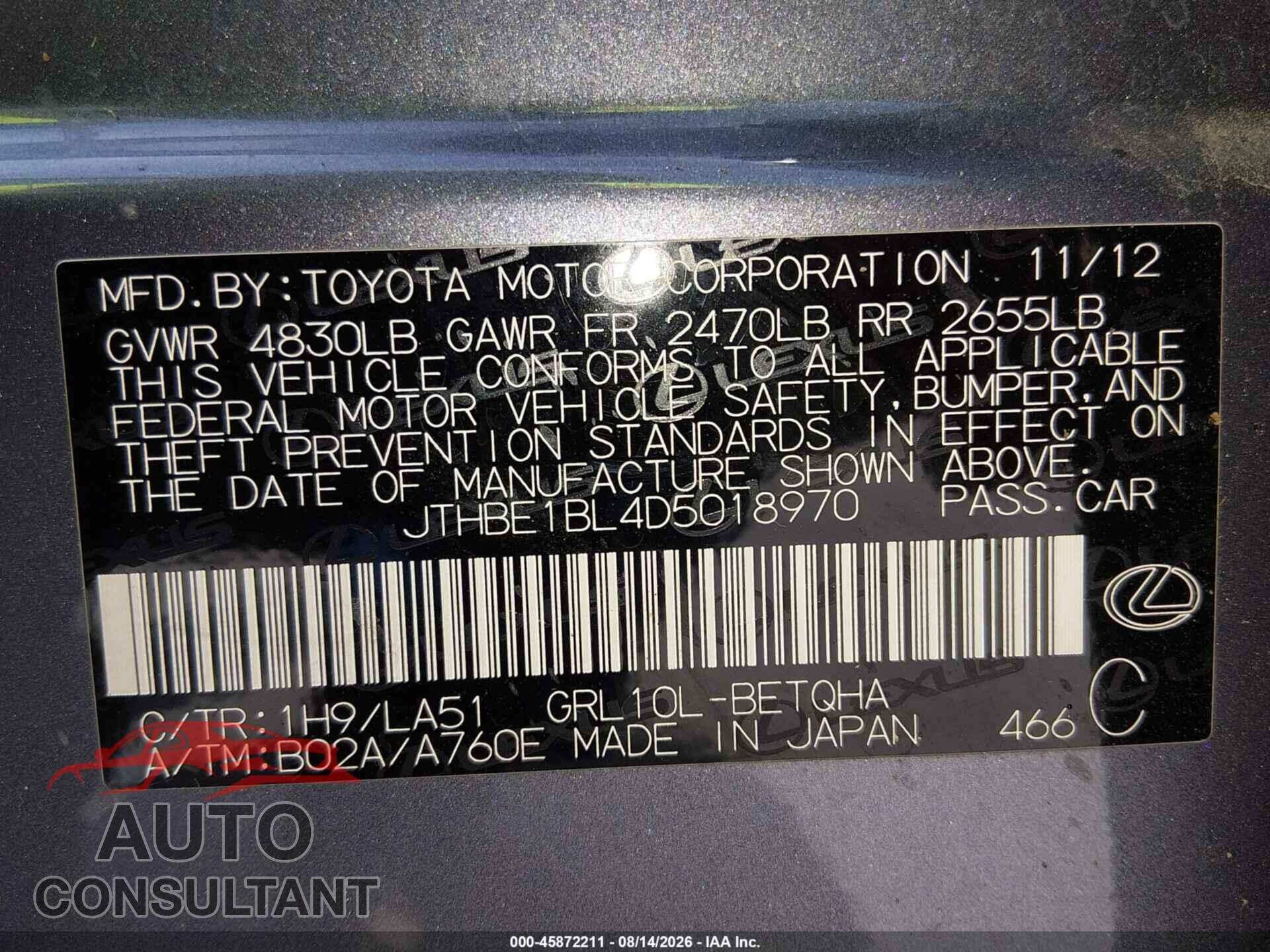 LEXUS GS 350 2013 - JTHBE1BL4D5018970