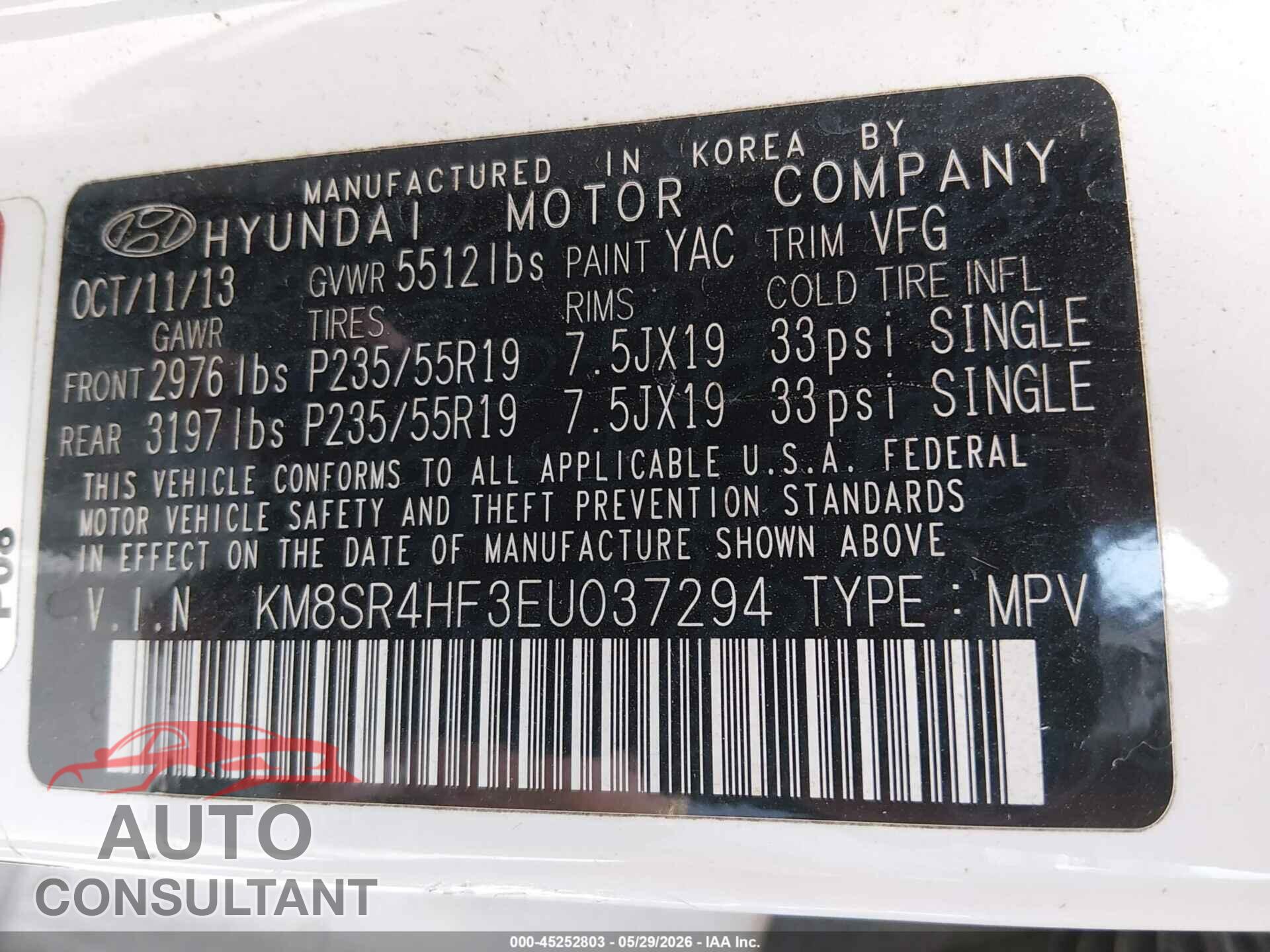 HYUNDAI SANTA FE 2014 - KM8SR4HF3EU037294
