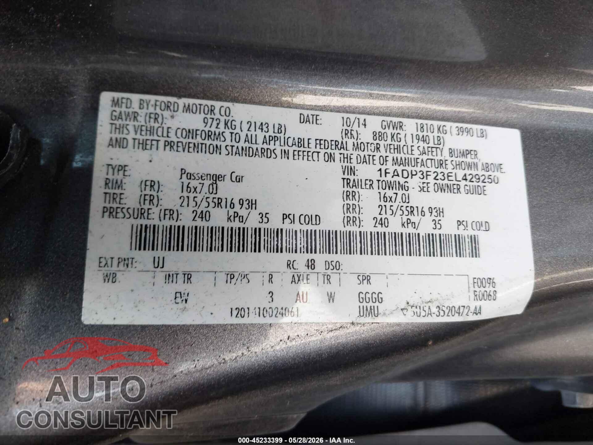 FORD FOCUS 2014 - 1FADP3F23EL429250