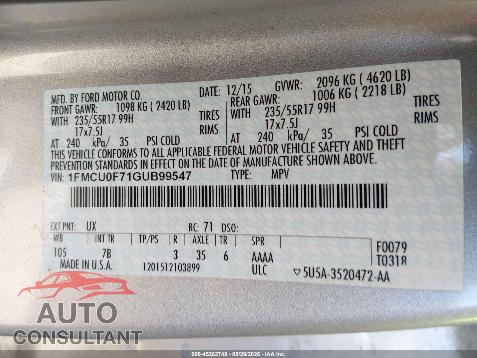 FORD ESCAPE 2016 - 1FMCU0F71GUB99547