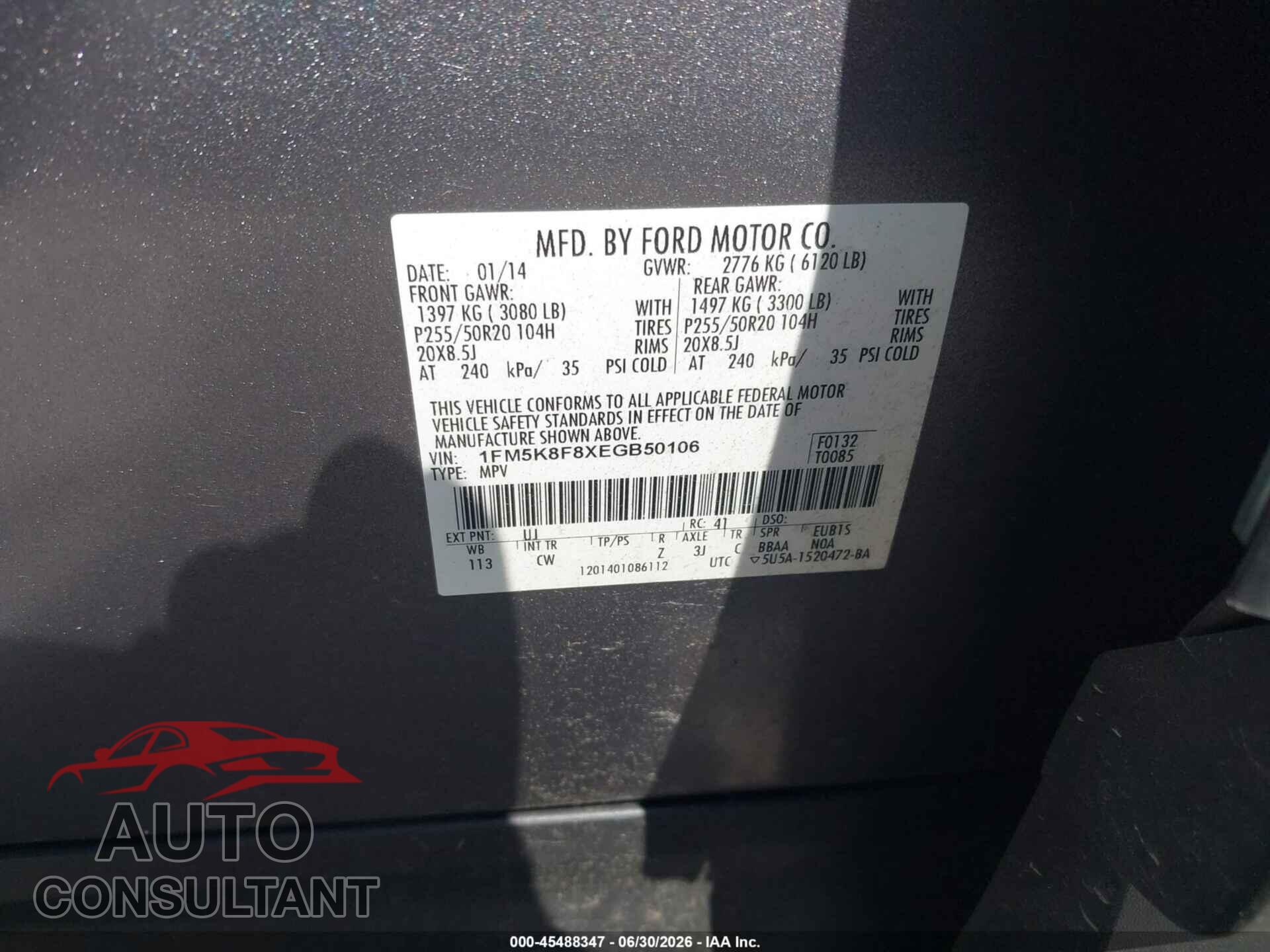 FORD EXPLORER 2014 - 1FM5K8F8XEGB50106