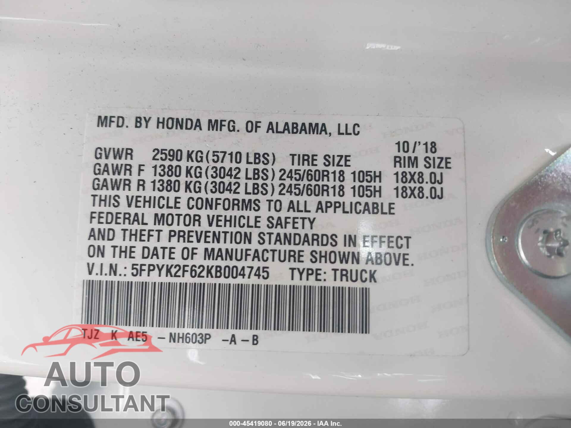 HONDA RIDGELINE 2019 - 5FPYK2F62KB004745