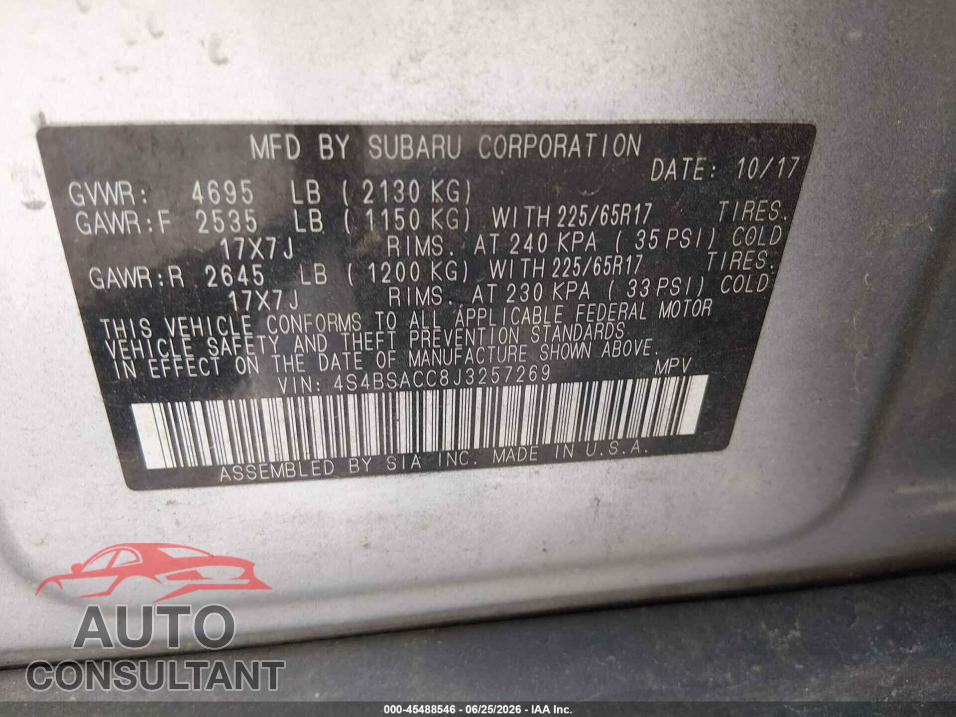 SUBARU OUTBACK 2018 - 4S4BSACC8J3257269