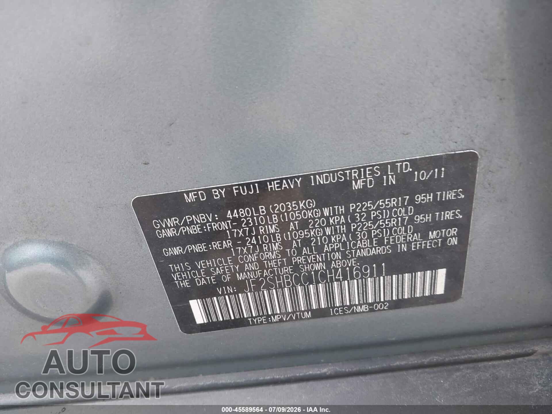 SUBARU FORESTER 2012 - JF2SHBCC1CH416911
