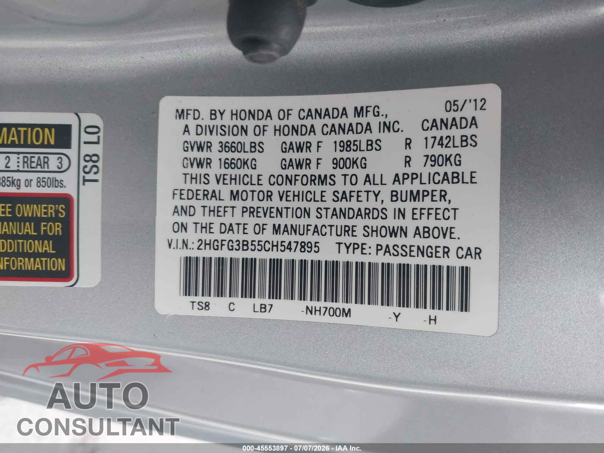 HONDA CIVIC 2012 - 2HGFG3B55CH547895