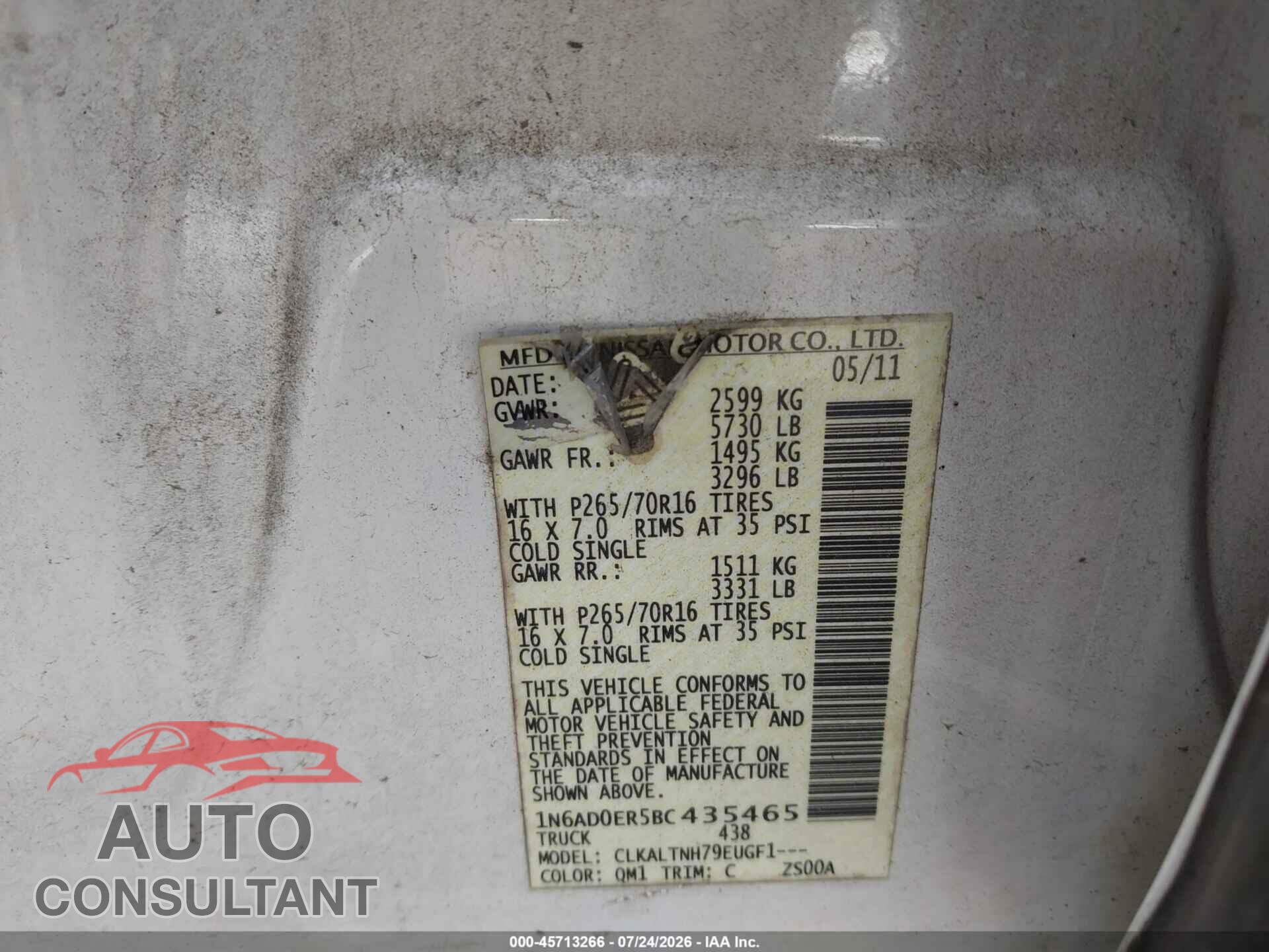 NISSAN FRONTIER 2011 - 1N6AD0ER5BC435465
