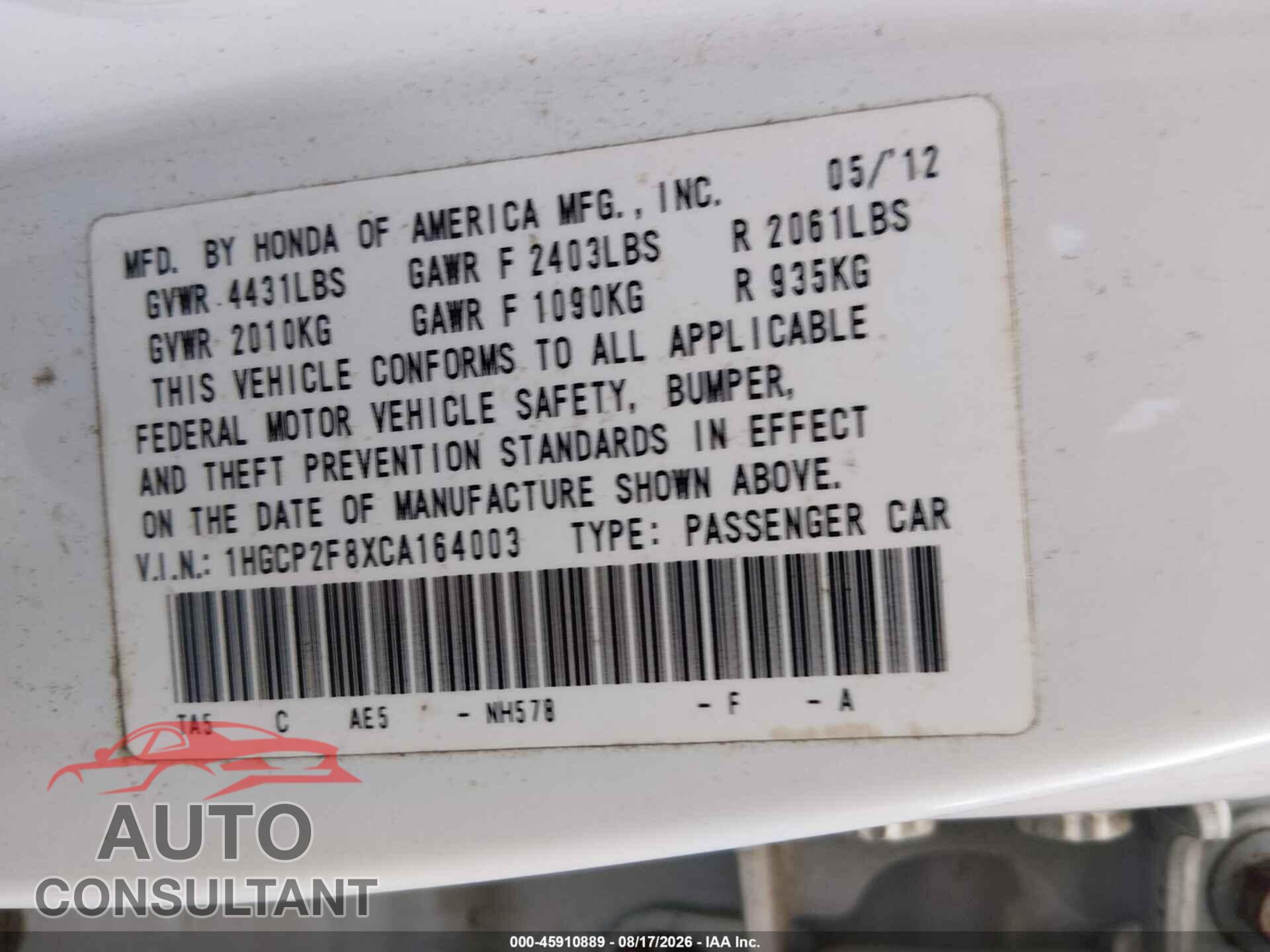 HONDA ACCORD 2012 - 1HGCP2F8XCA164003