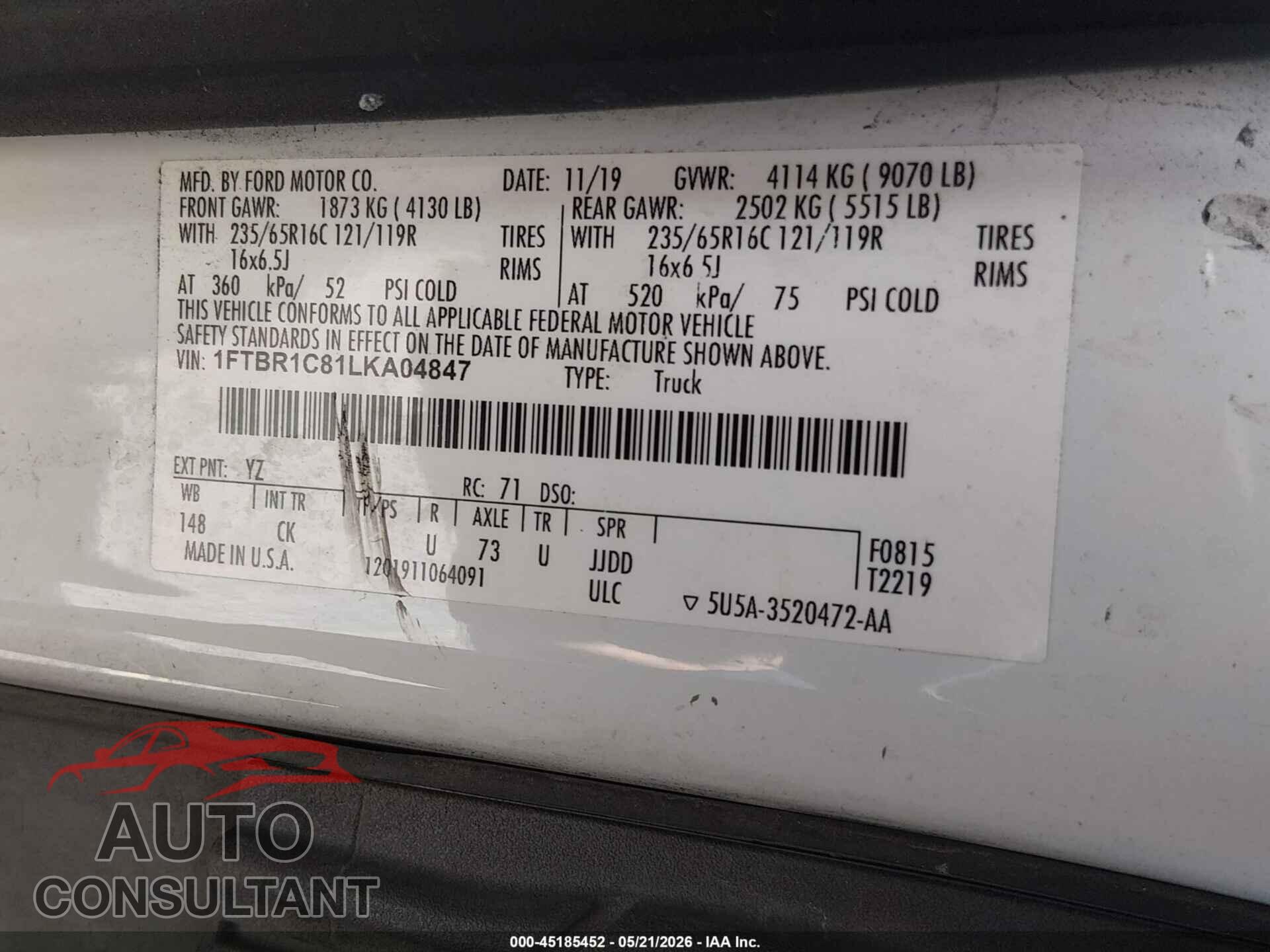 FORD TRANSIT-250 2020 - 1FTBR1C81LKA04847