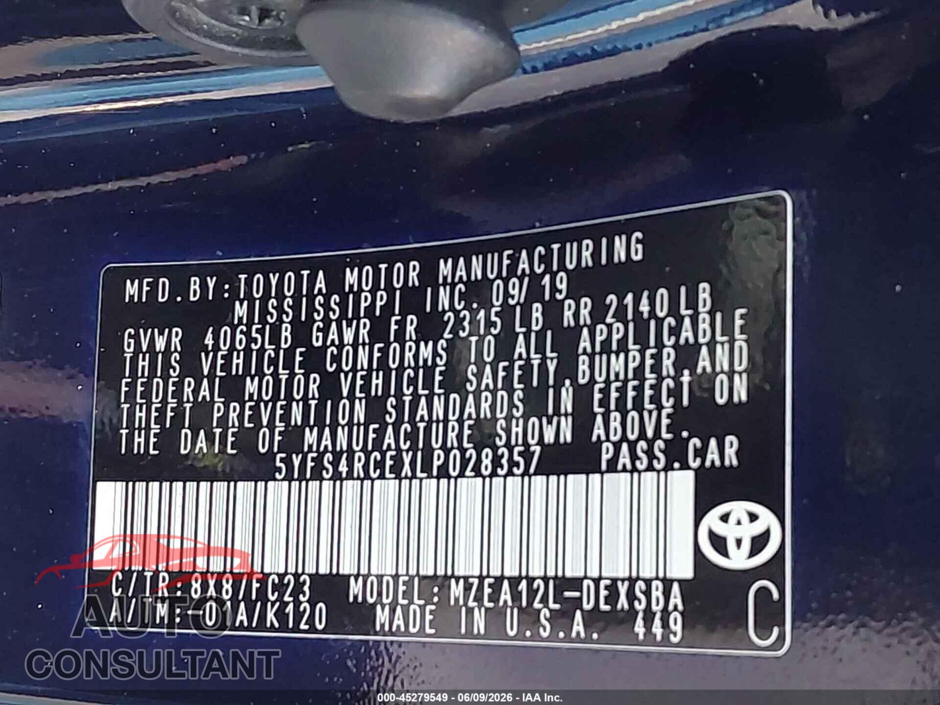 TOYOTA COROLLA 2020 - 5YFS4RCEXLP028357