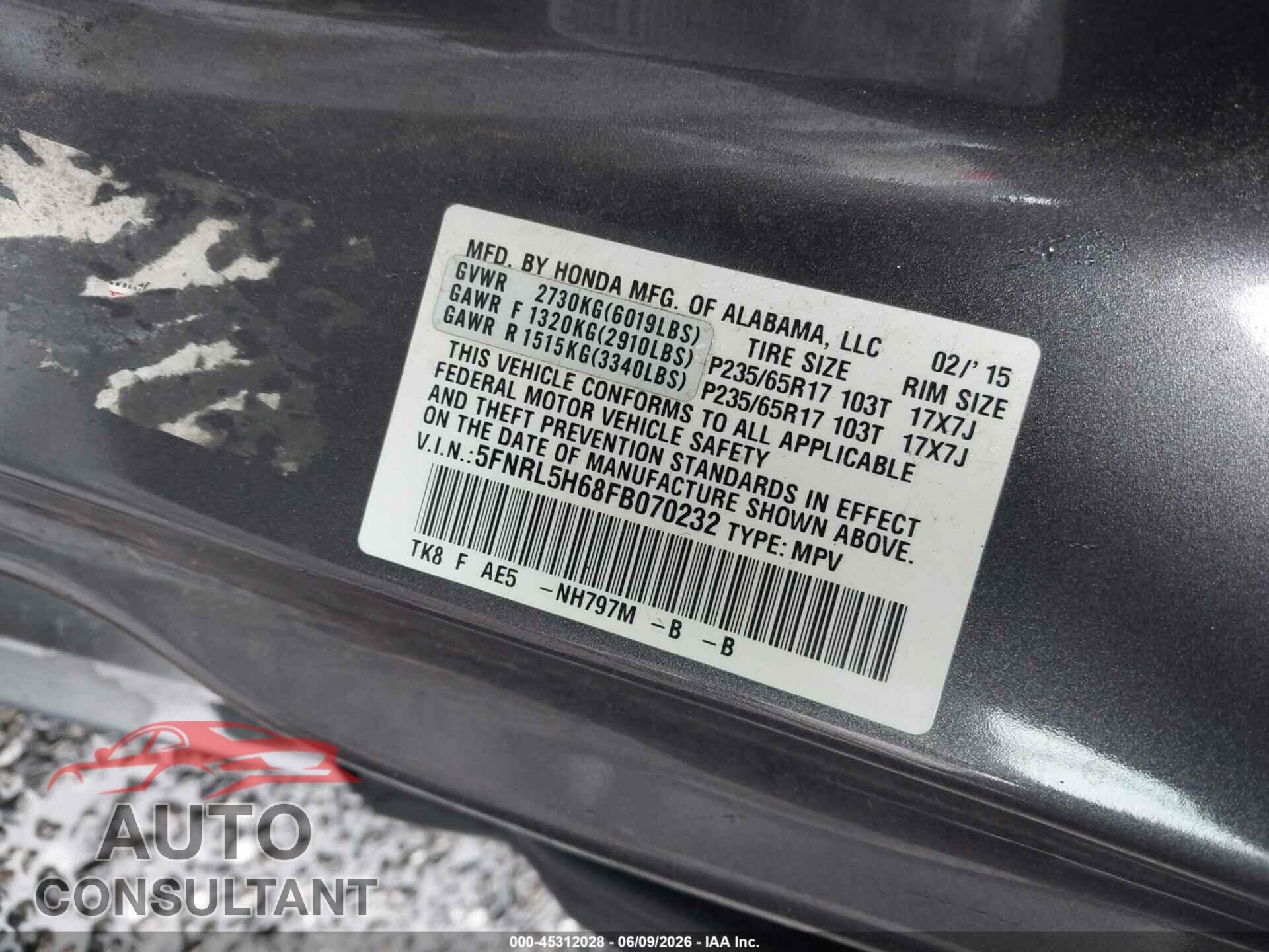 HONDA ODYSSEY 2015 - 5FNRL5H68FB070232