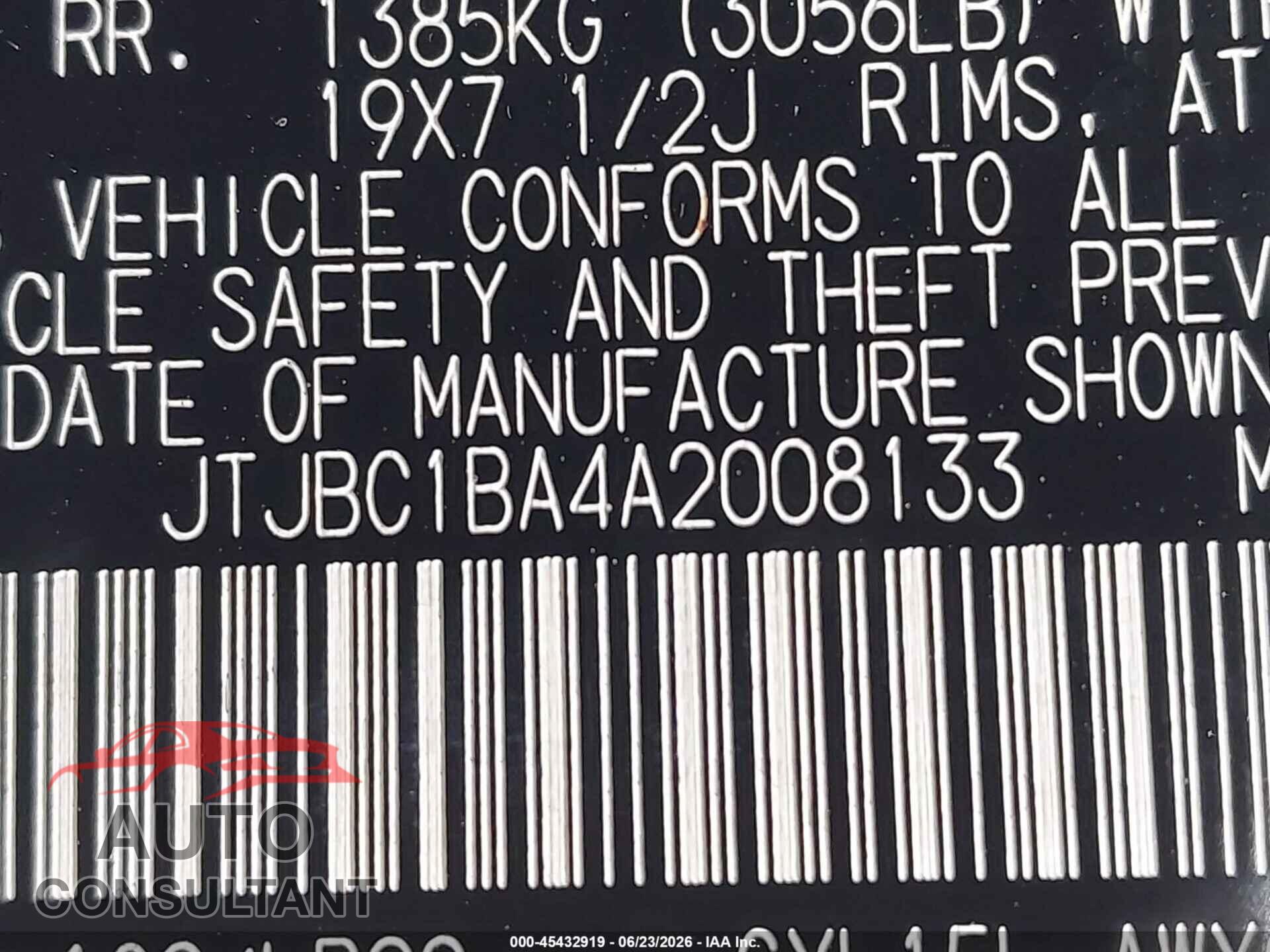 LEXUS RX 450H 2010 - JTJBC1BA4A2008133